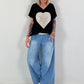 T-Shirt with Rhinestone Heart - black