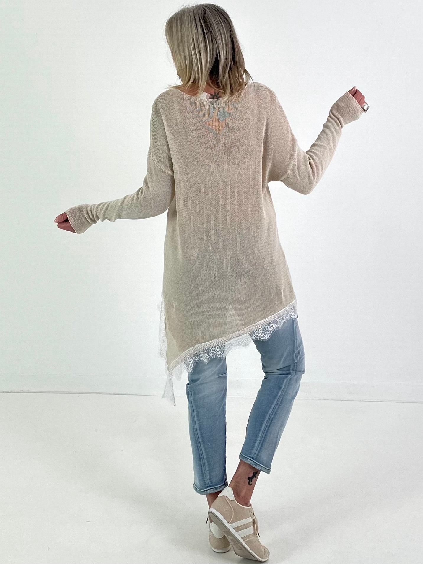 Strickpullover mit Spitze - beige