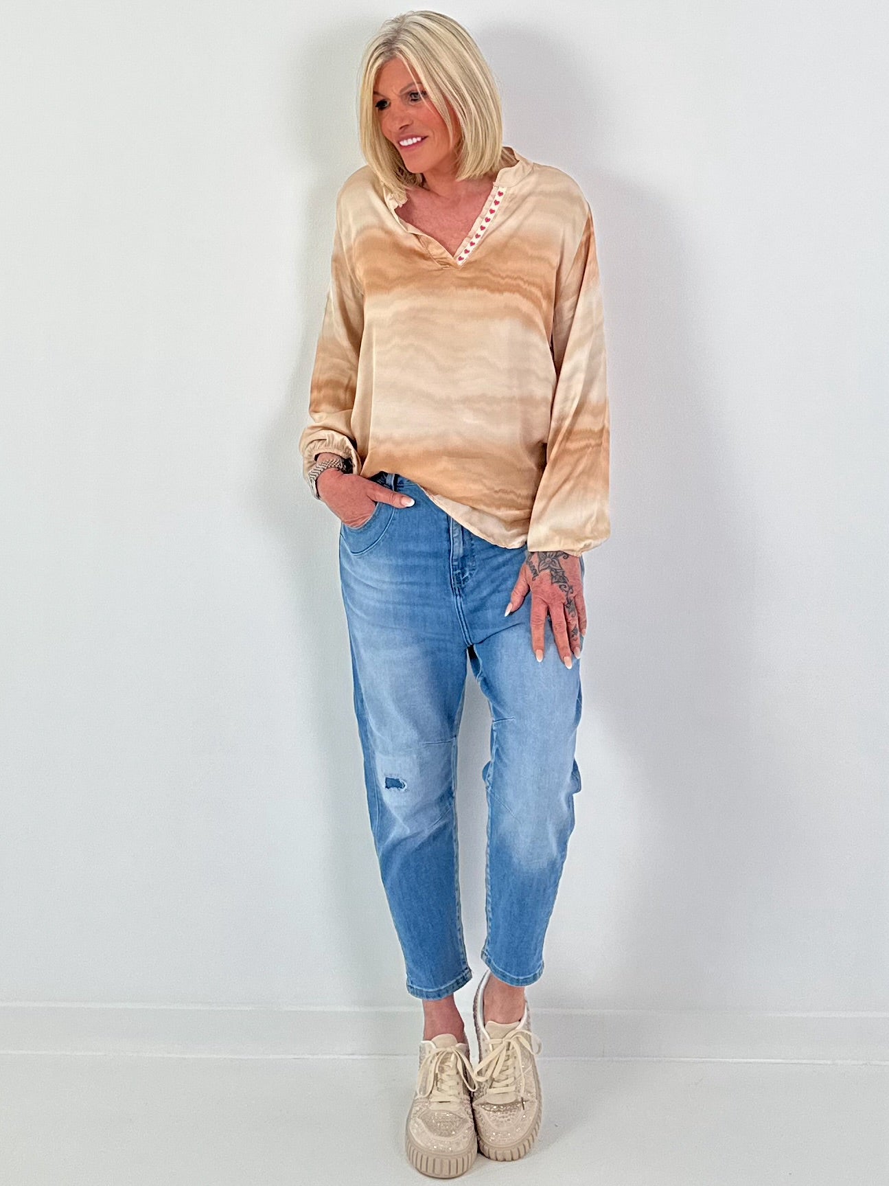 Silk tunic with gradient and heart details - beige multi-colored