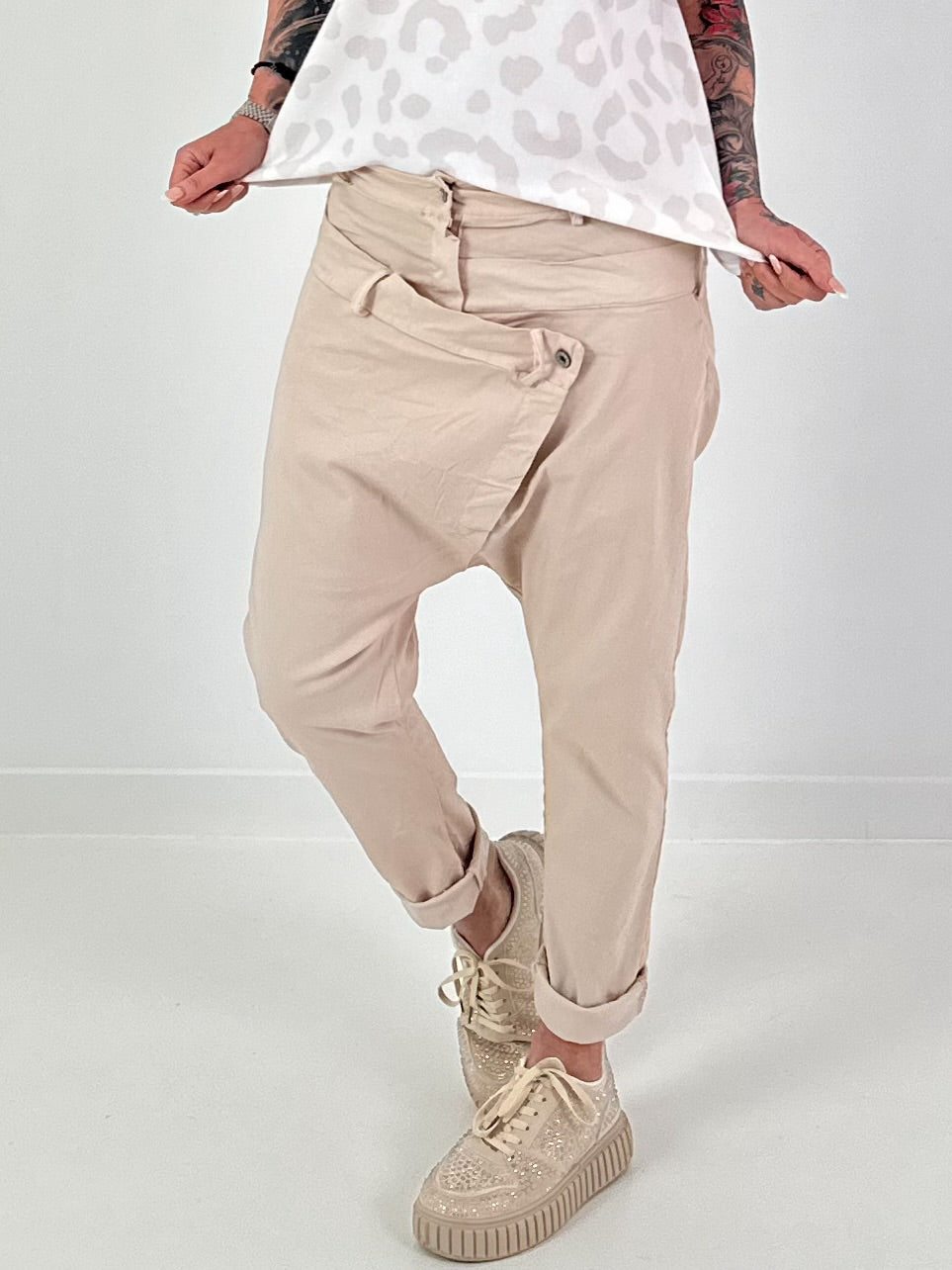 Baggy Hose mit Doppelbund - beige