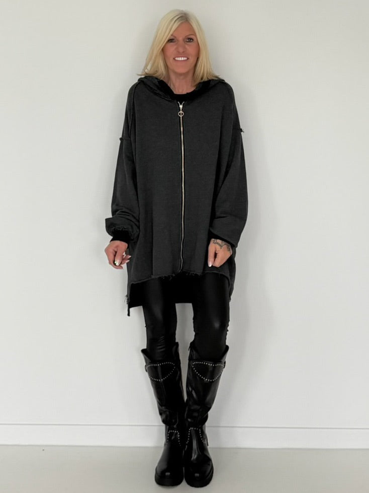Oversized Long-Sweatjacke im Used-Look - used-black