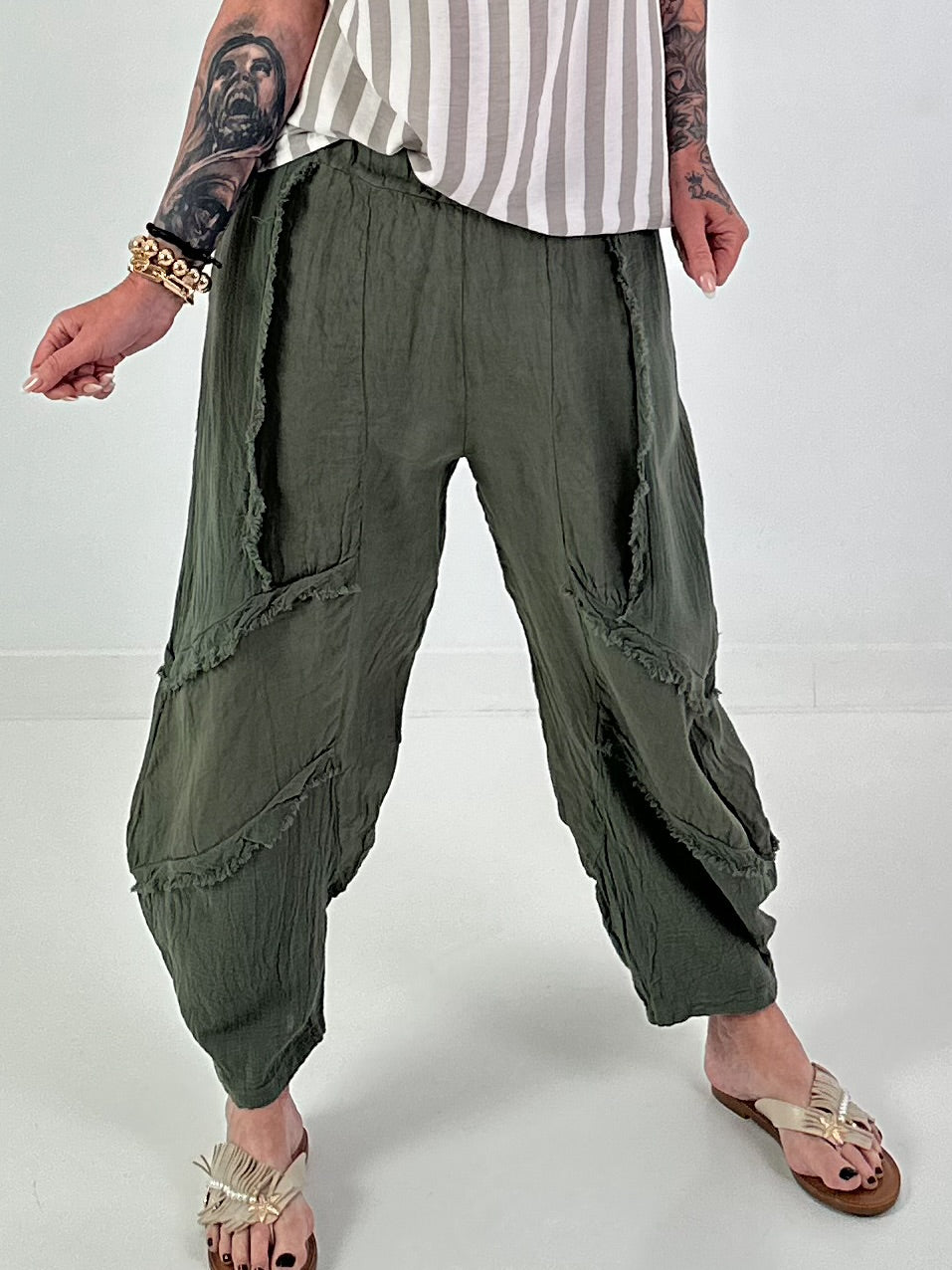 Ballon Leinen Hose mit Fransen Details - khaki
