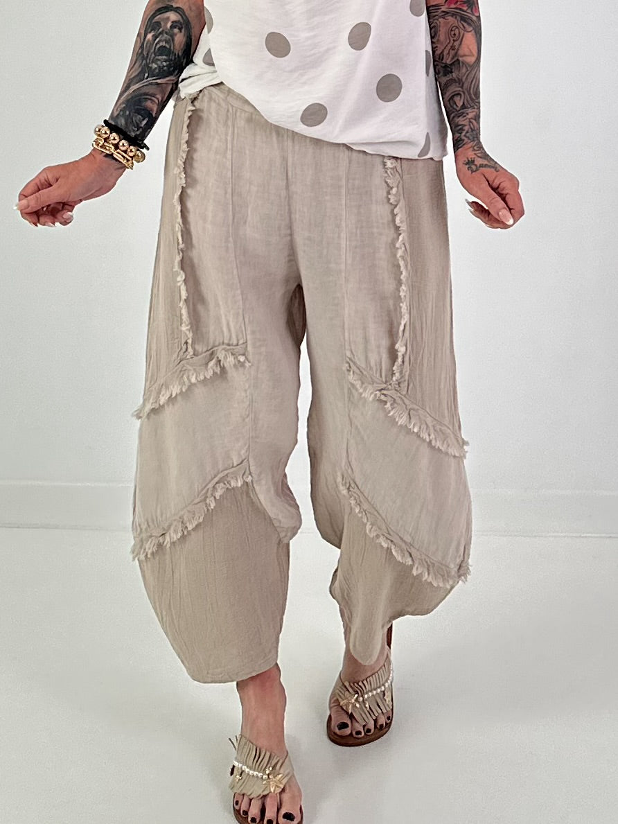 Balloon Linen Trousers with Fringe Detail - Beige