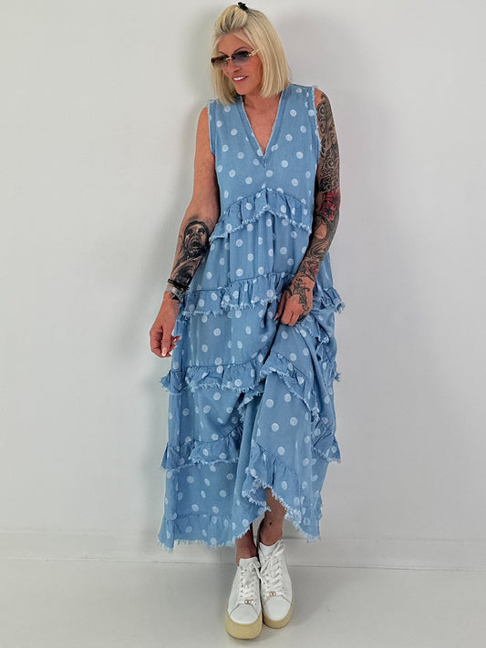 Jeanskleid Ärmellos mit Volant und Allover Punkten - hellblau