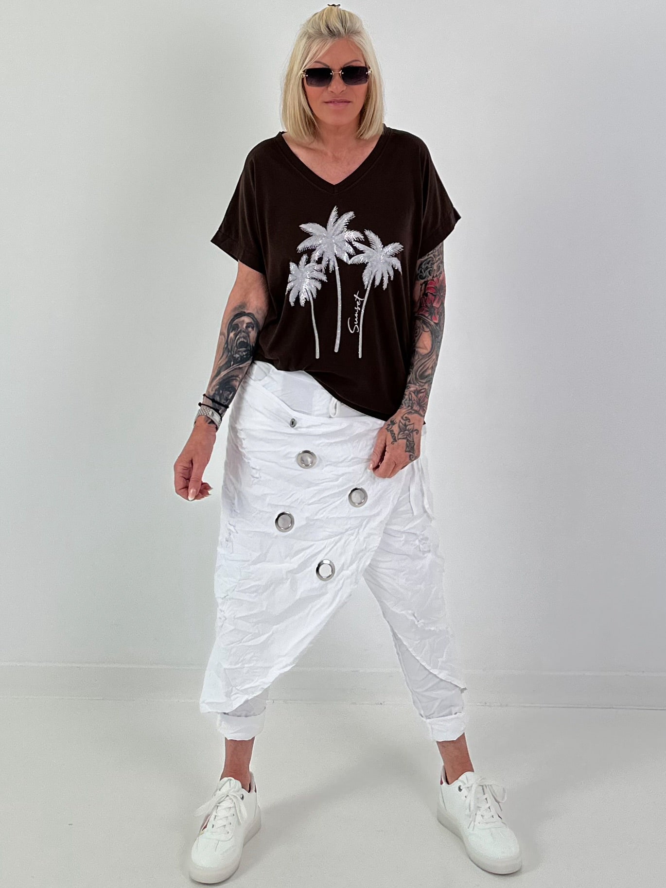 T-Shirt mit Glitzerpalmen - schoko