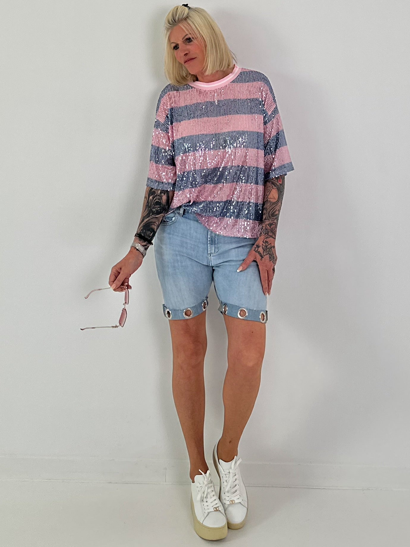 Pailletten Shirt mit Streifen - hellblau-rosa