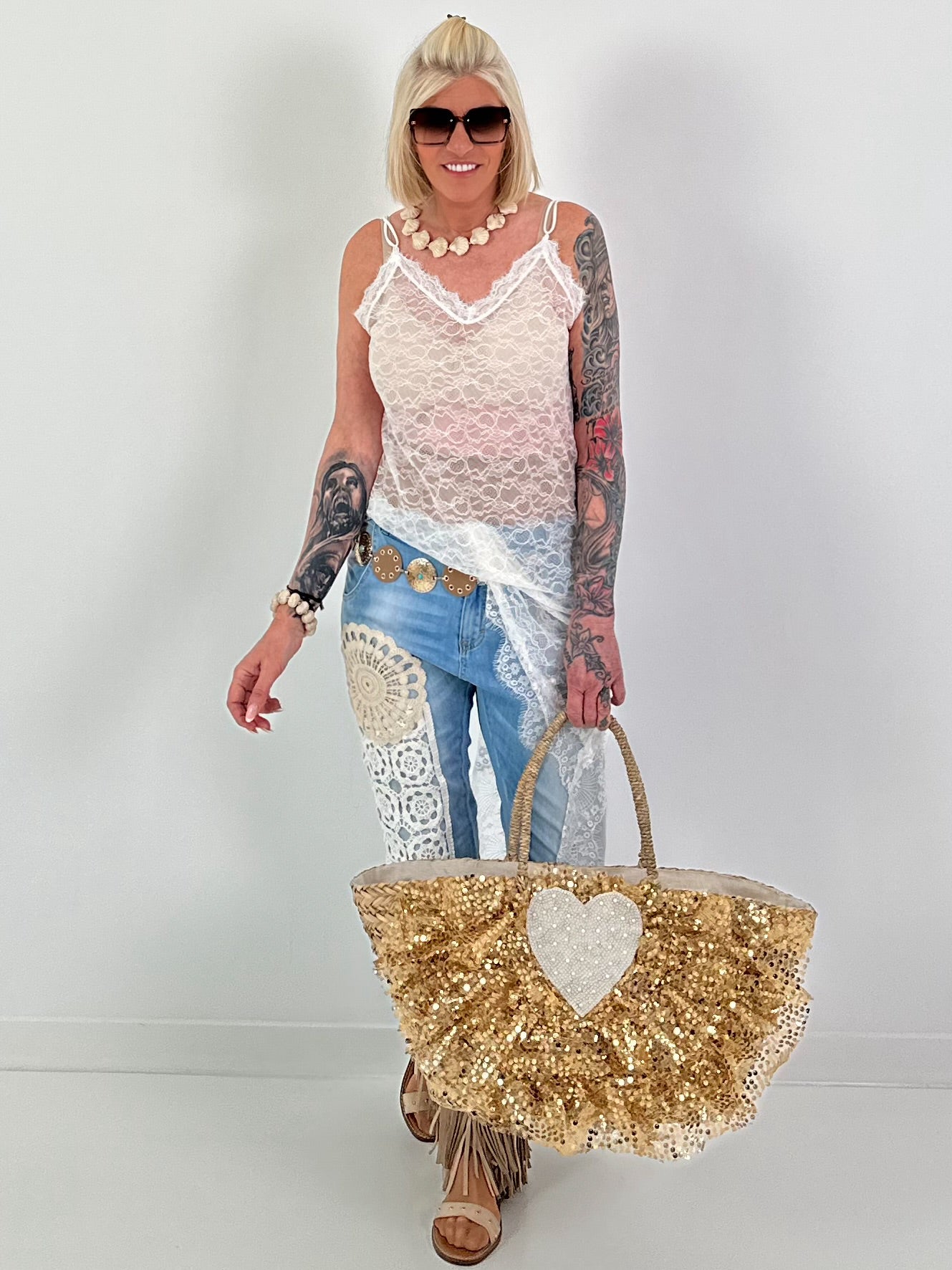 Long asymmetric lace top - white
