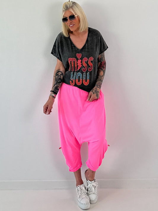 T-shirt met geborduurde pareltekst - antraciet