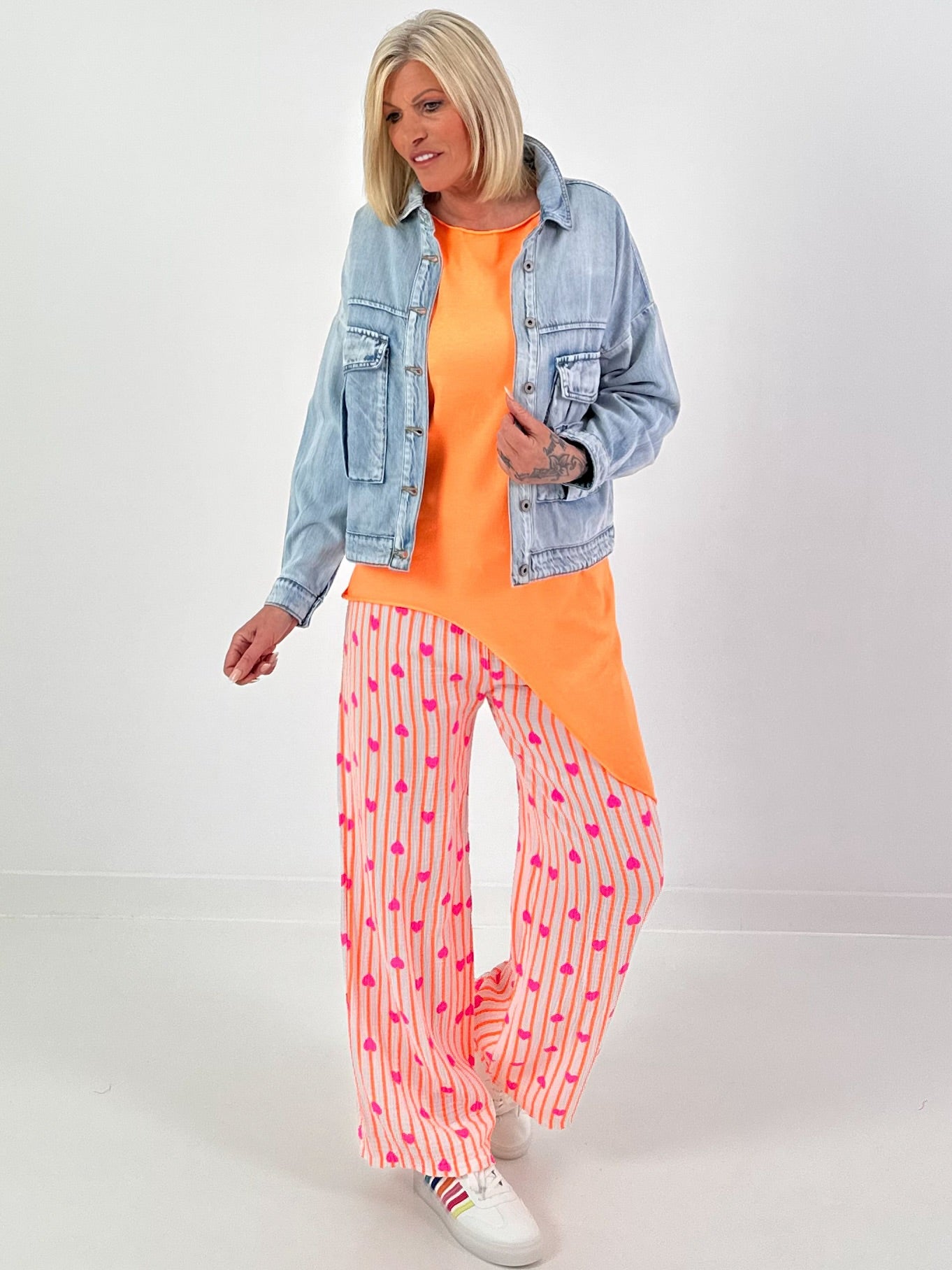 Musselin Hose mit Streifen - neonorange-weiss-pink