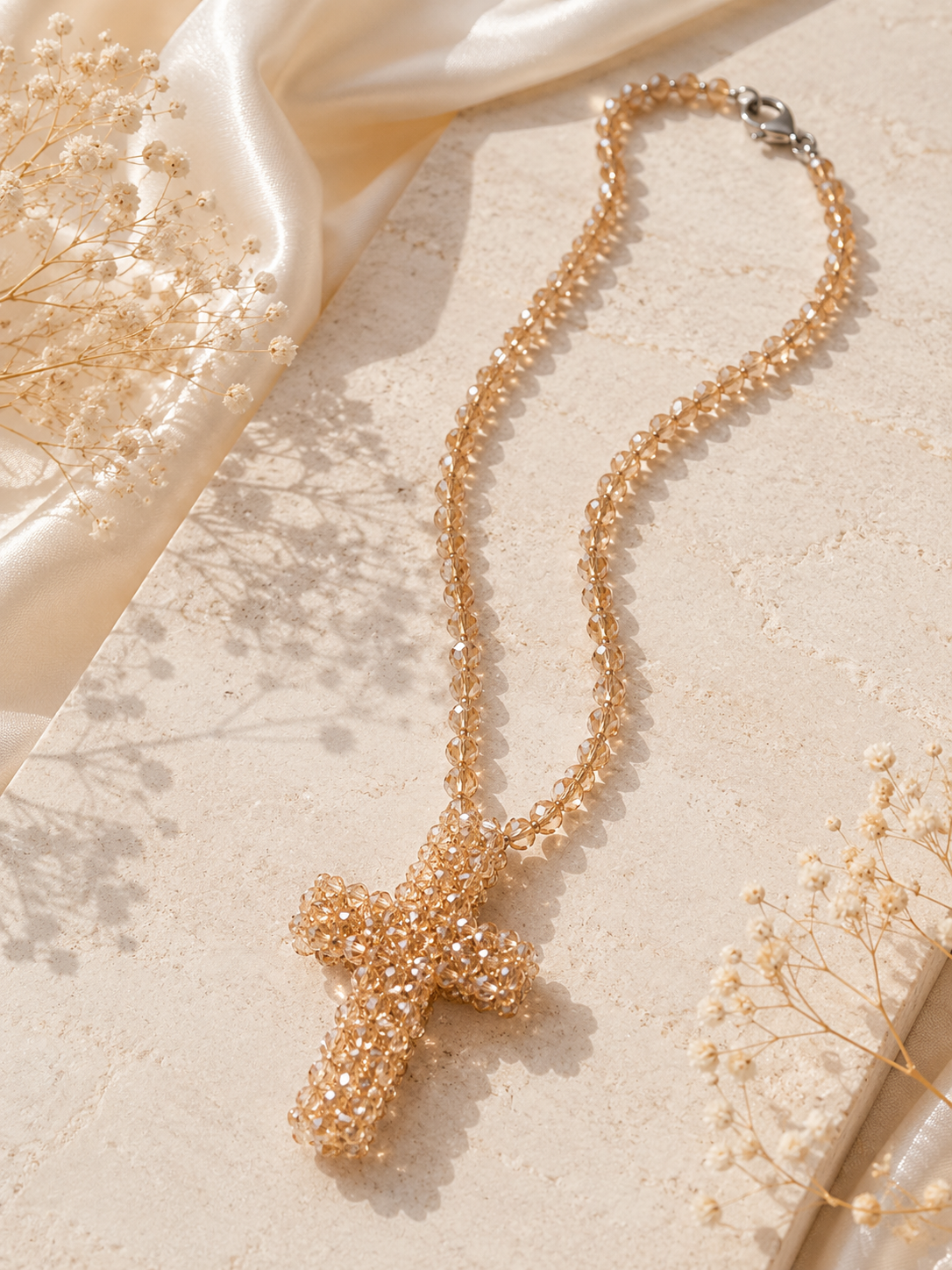 Beaded necklace with cross pendant - sand