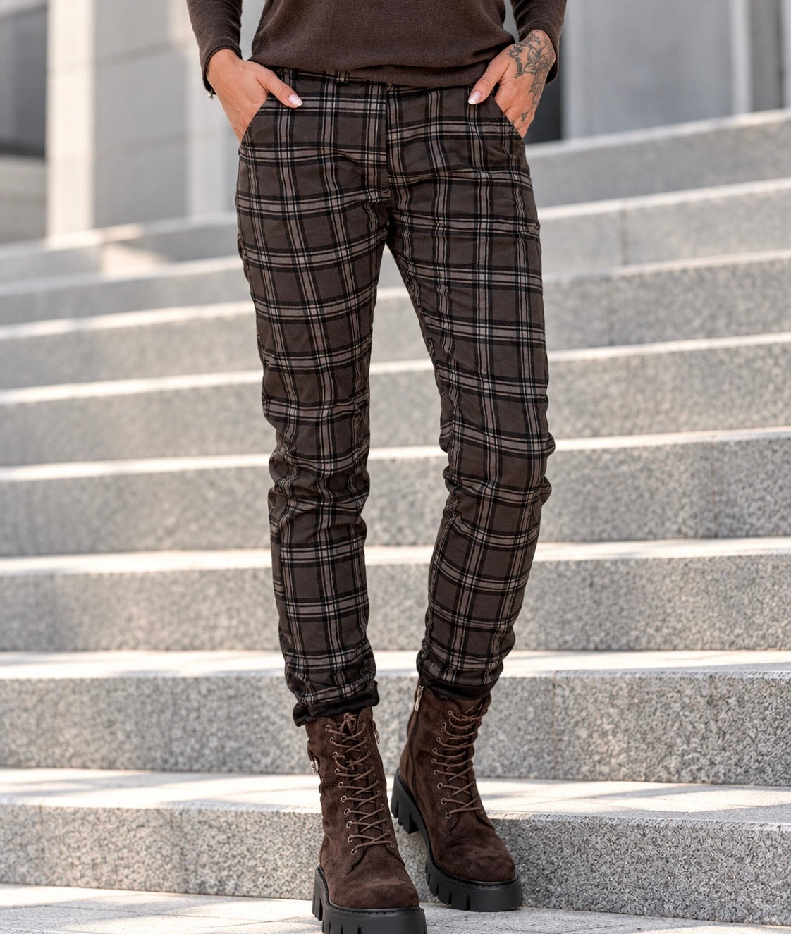 Hose im Karo-Look - mokka-mehrfarbig