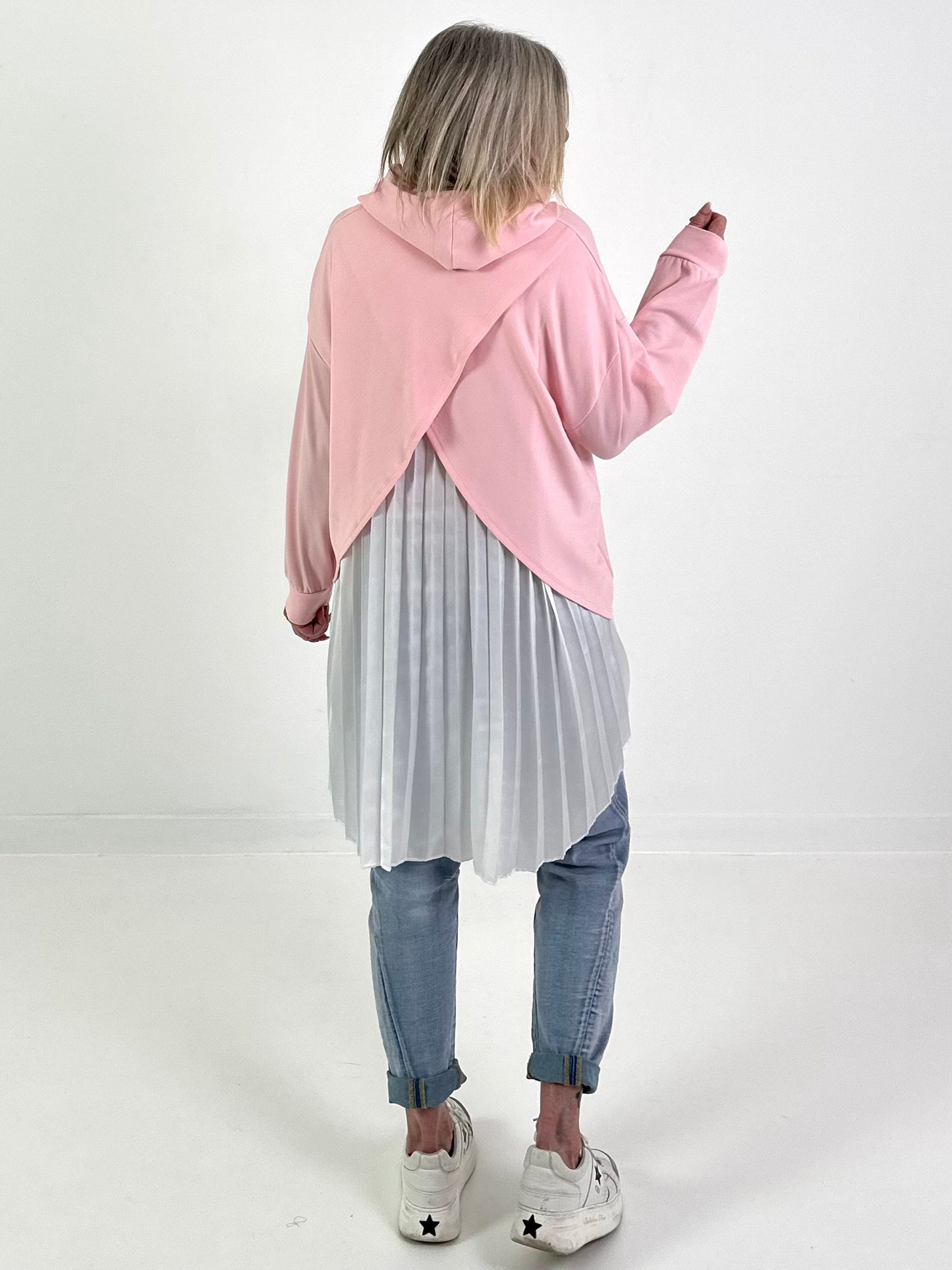 Long Hoodie mit Plissee-Einsatz - rosa