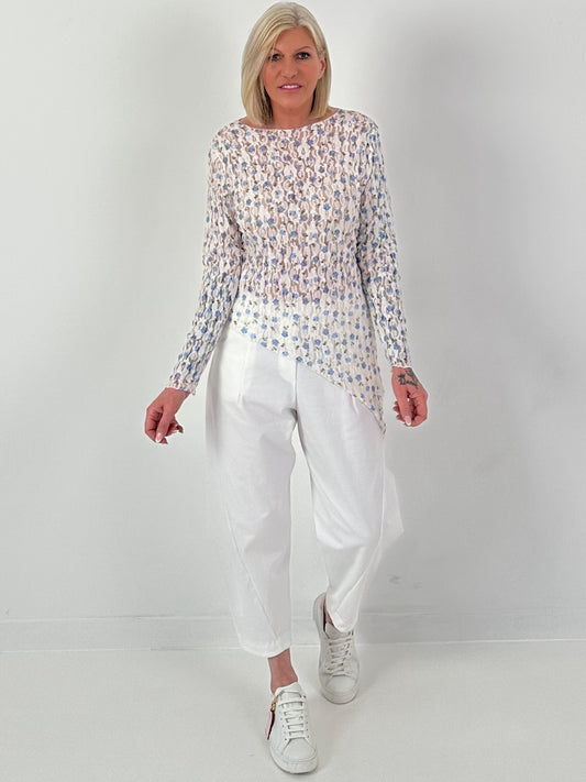 asymmetrisches Spitzenshirt mit Blumen - weiss-hellblau