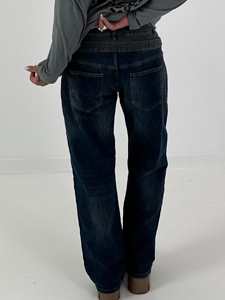 Jeans with double waistband and leopard details - denim-grey