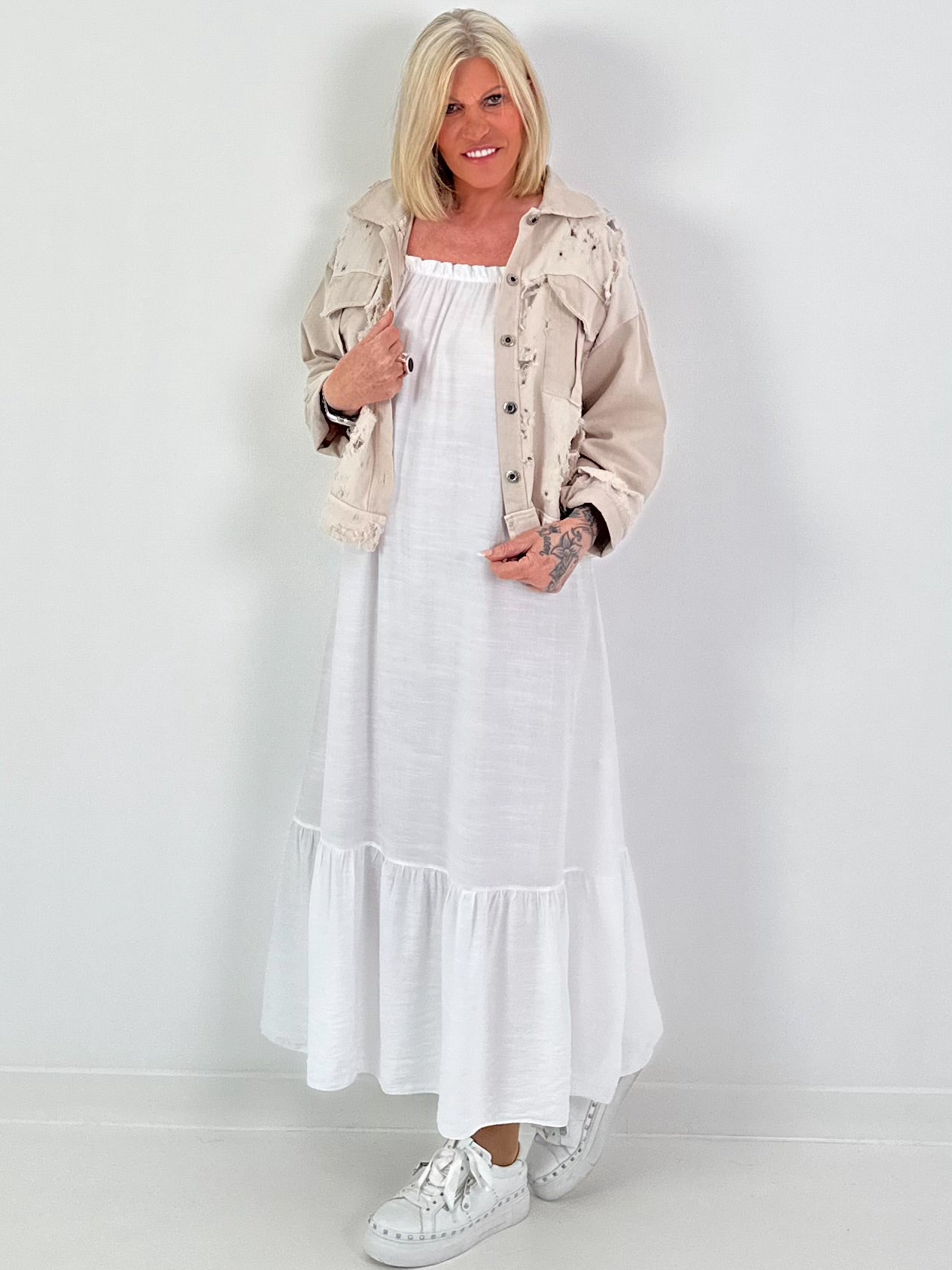 Distressed Denim Jacket - Beige