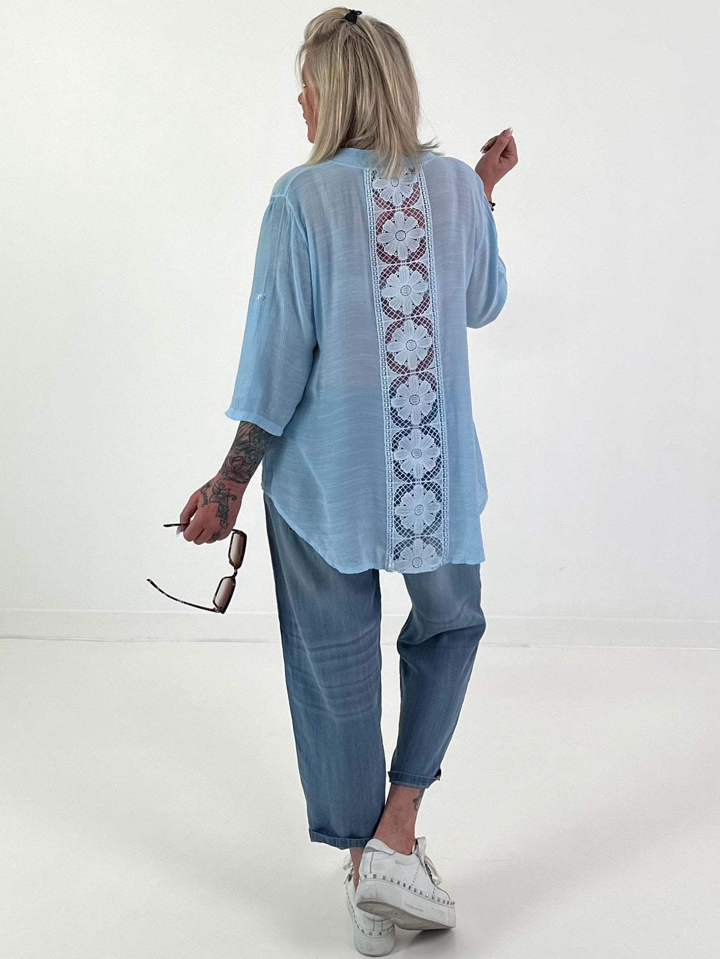 Sequin and crochet detail blouse - light blue