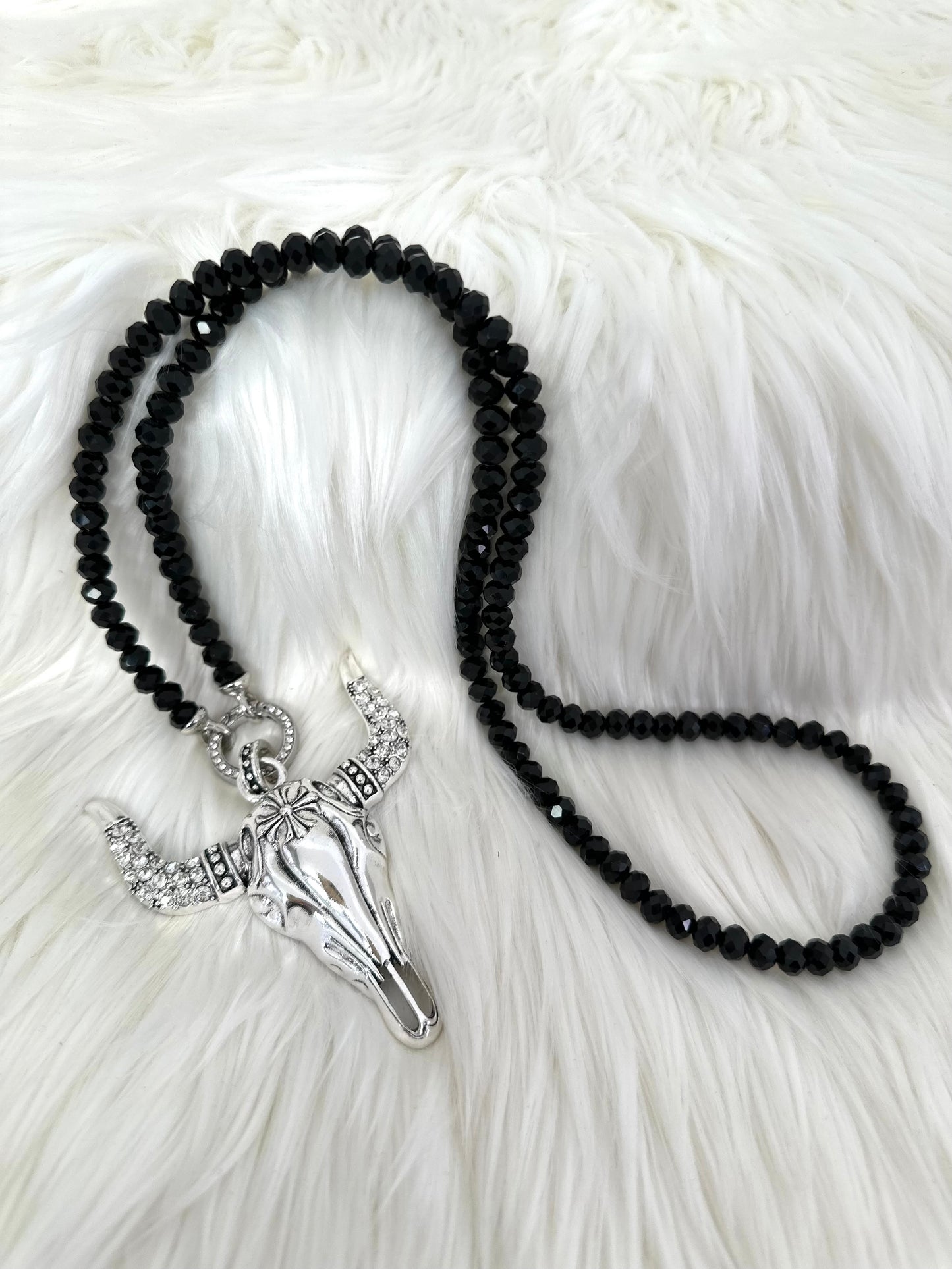 Necklace with Bull Pendant - Black-Silver