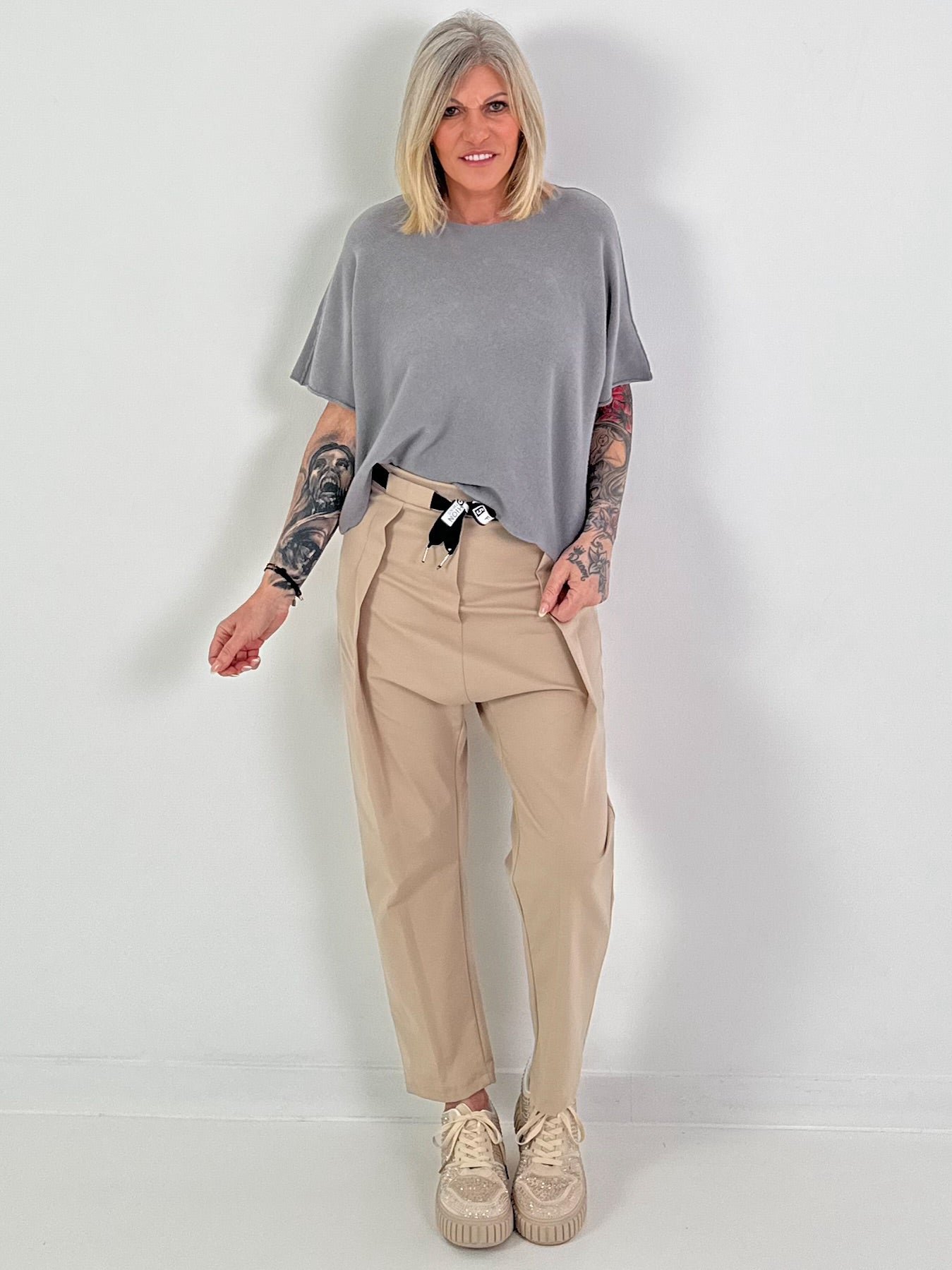 Gebreide trui met korte mouwen - grijs