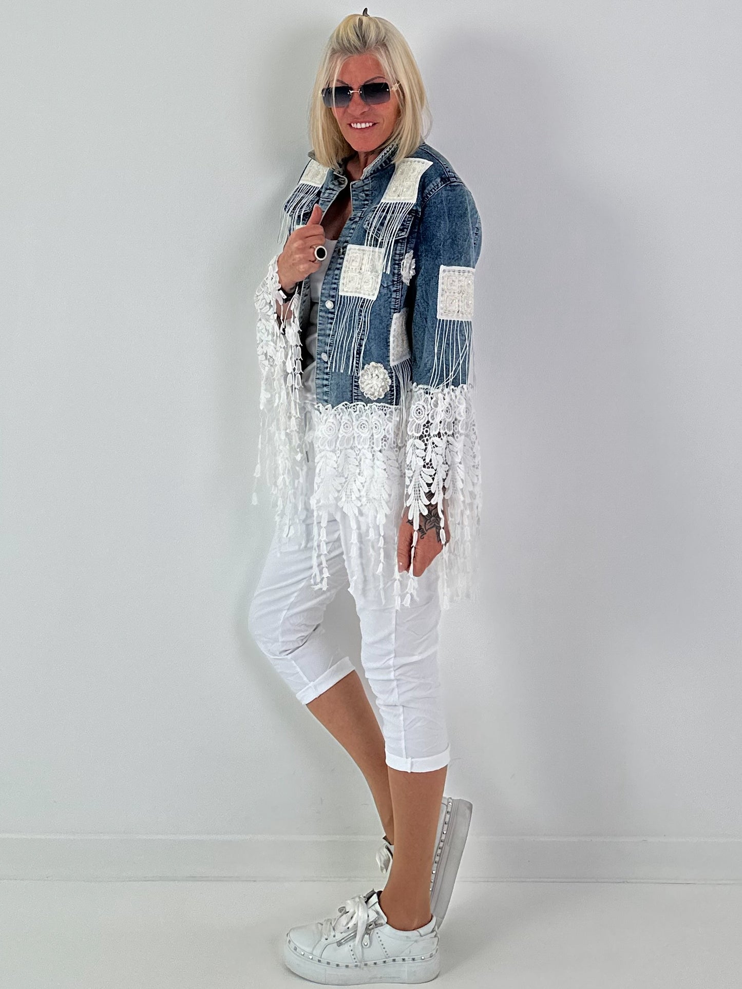 Boho Jeansjacke mit aufwendigen  Details - denim-weiss