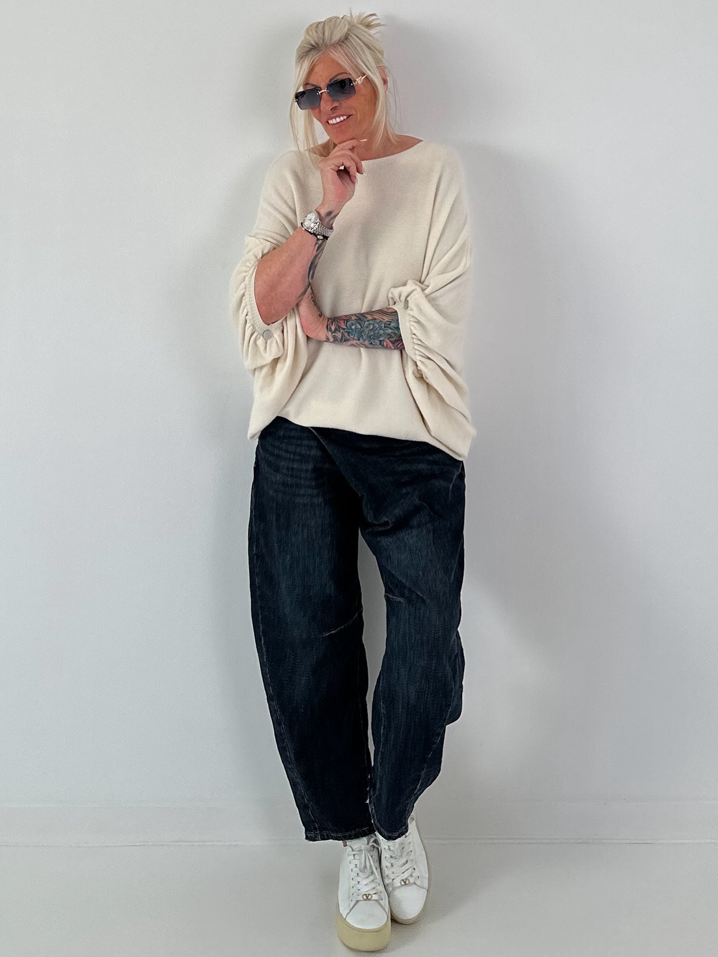 Oversized Pullover mit raffinierten Details - creme
