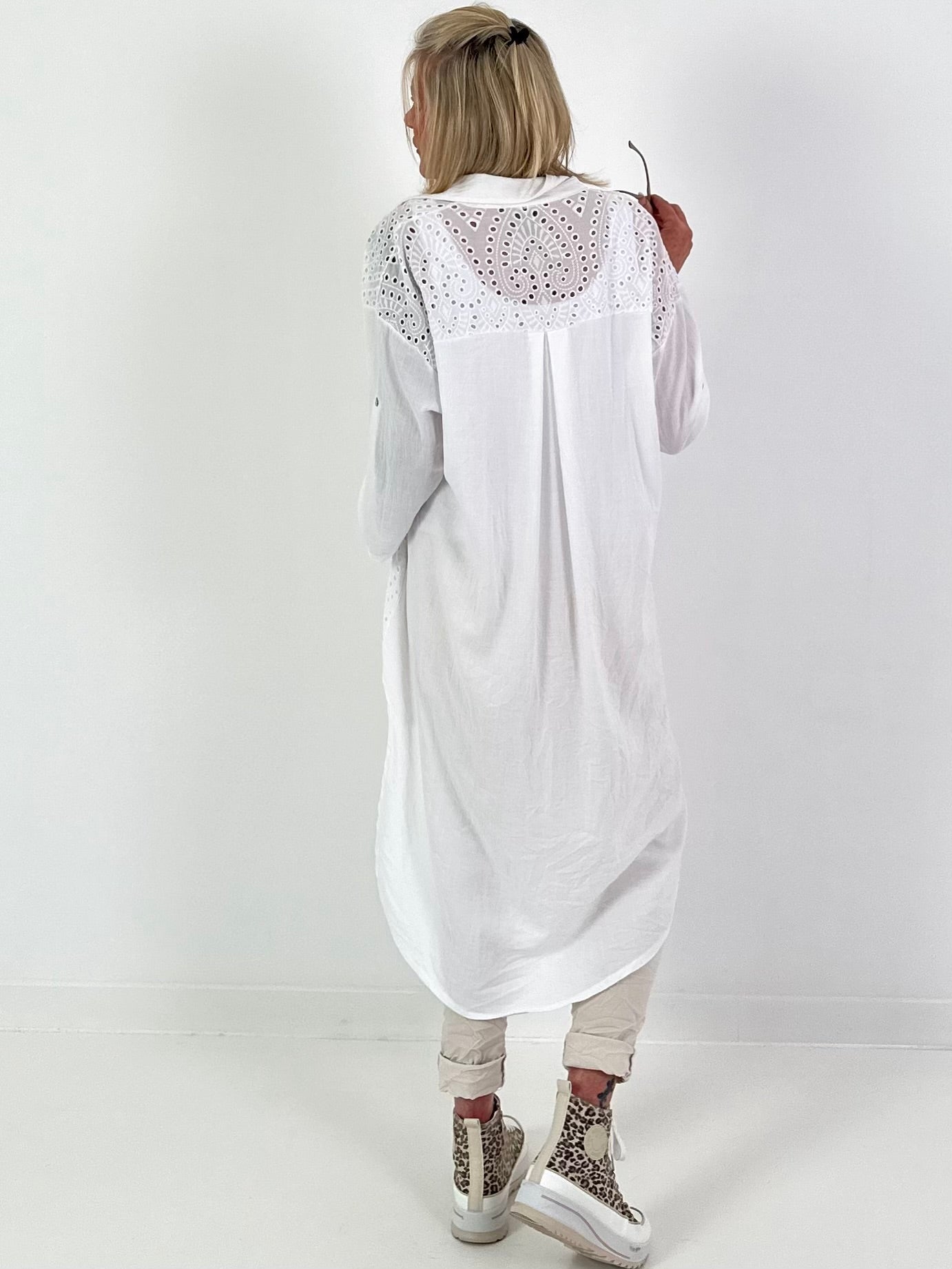 Long linen blouse with eyelet embroidery - white
