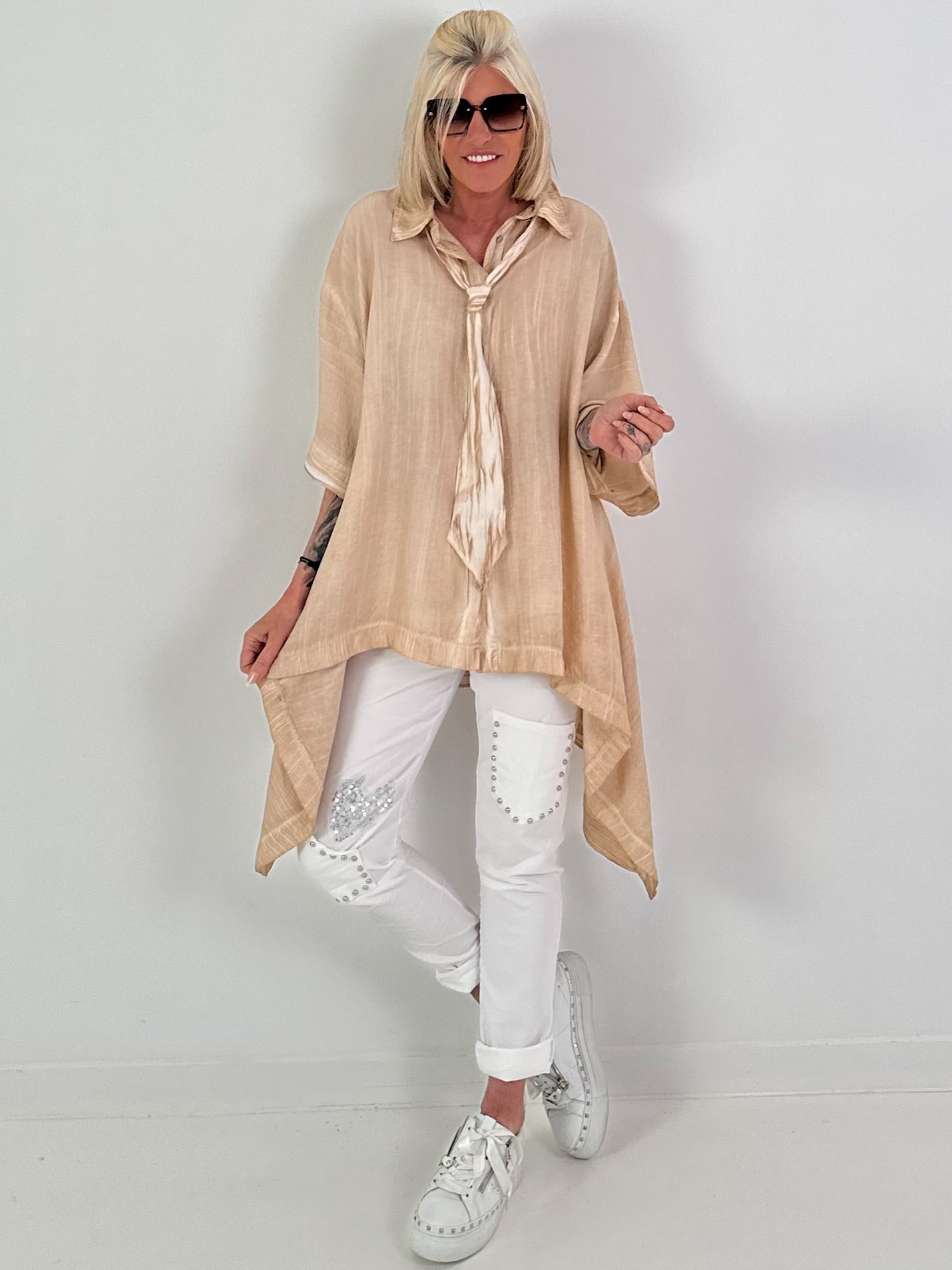 Oversized asymmetrical blouse with tie - sand