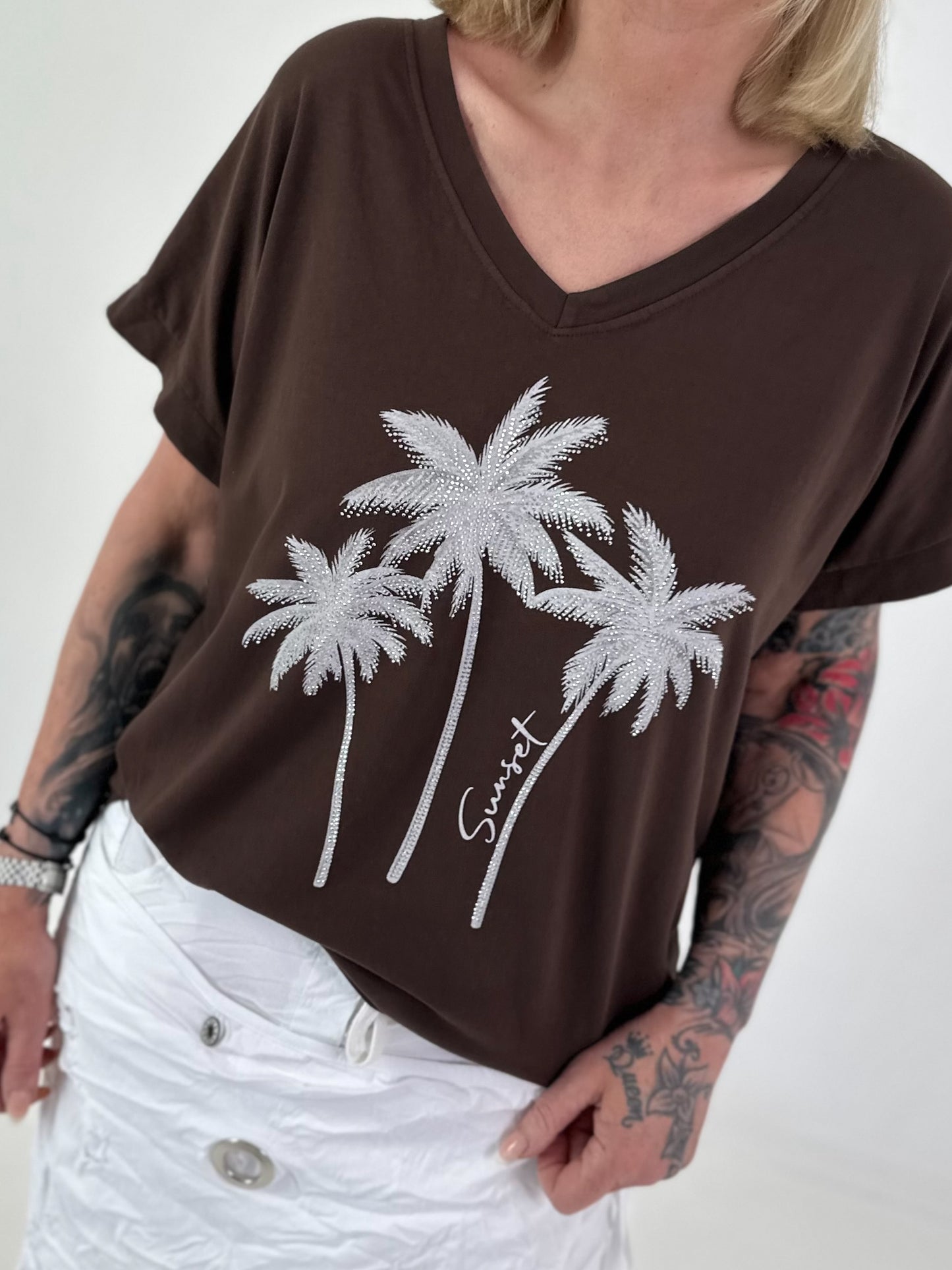 T-Shirt mit Glitzerpalmen - schoko