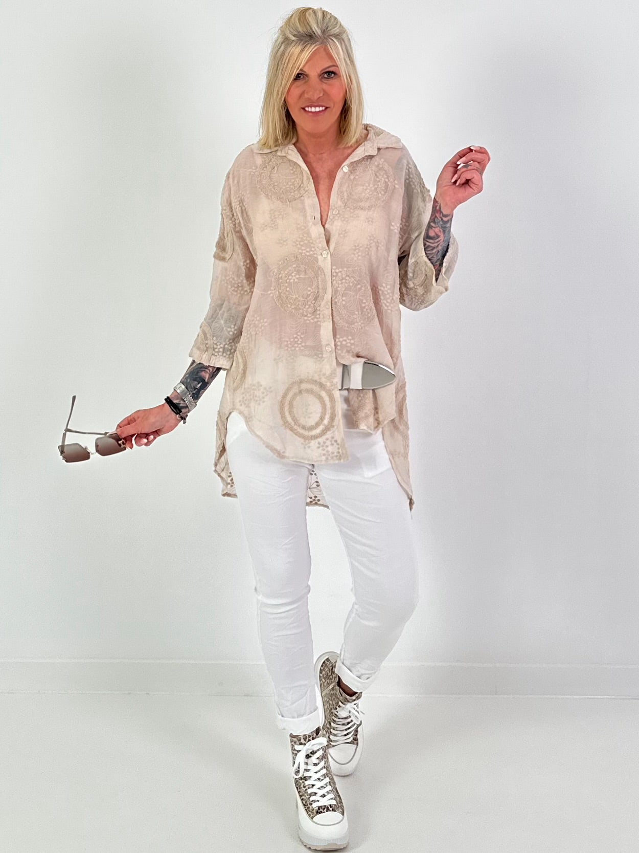 Silk blouse with terry applications - beige