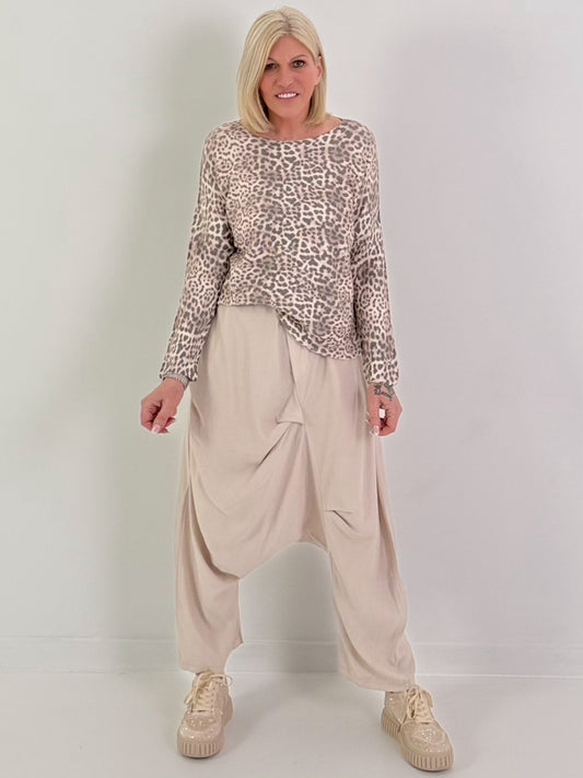 Feinstrick Pulli mit Leo Muster - beige-braun