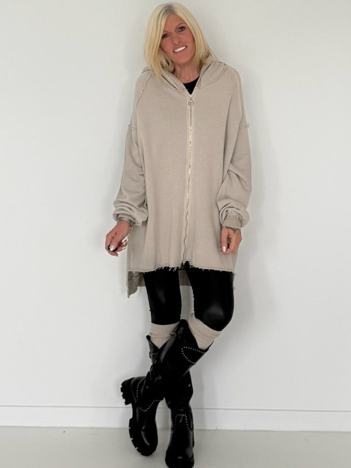 Oversized Long-Sweatjacke im Used-Look - beige
