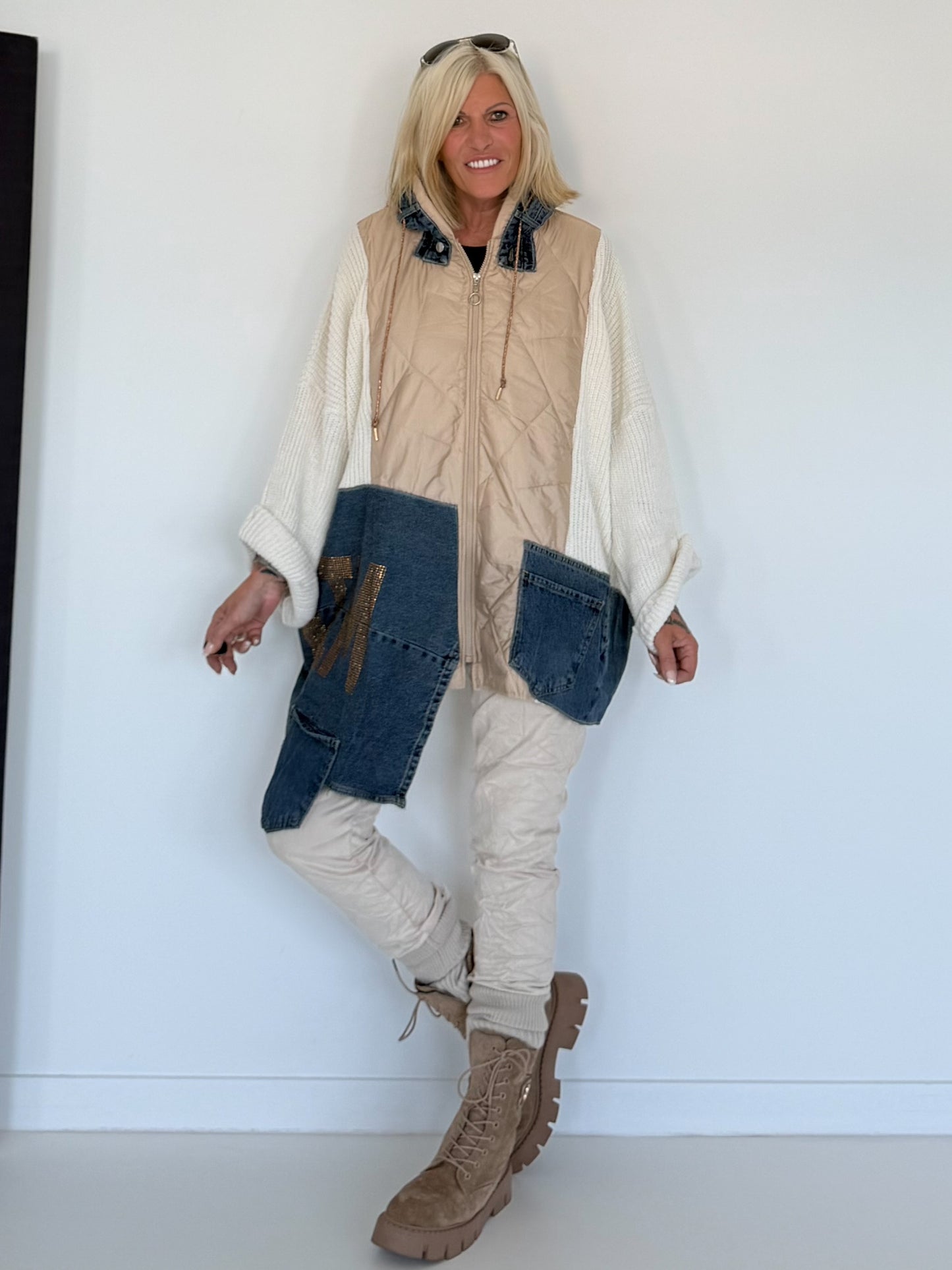 Asymmetrische Oversized Jacke im Materialmix - beige-ecru-denim