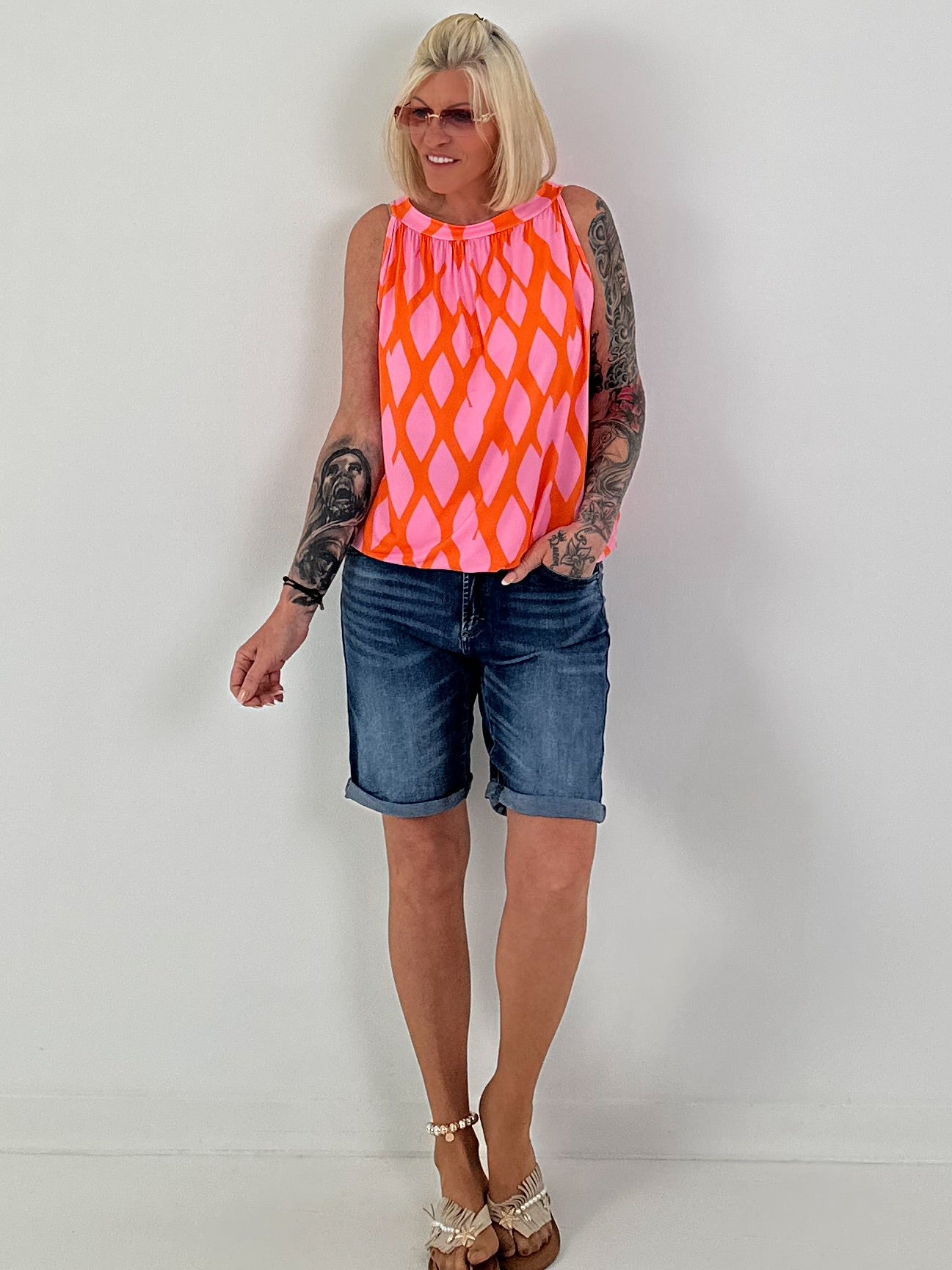 Halter Neck Top with Allover Pattern - orange-pink