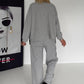 Casual two-piece set with faux leather and corduroy details - light grey
