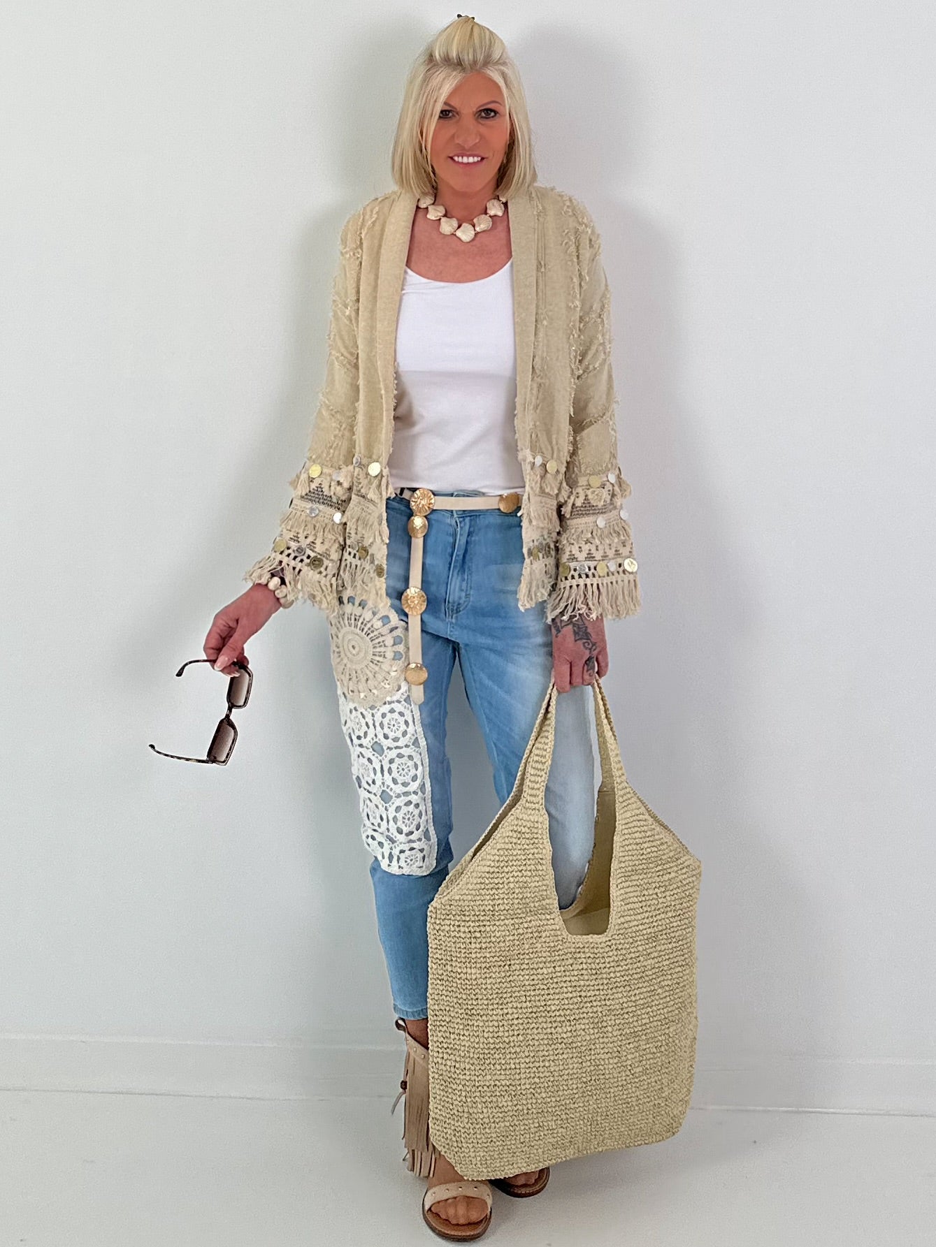 Boho Jacke mit aufwendigen Details- beige-gold