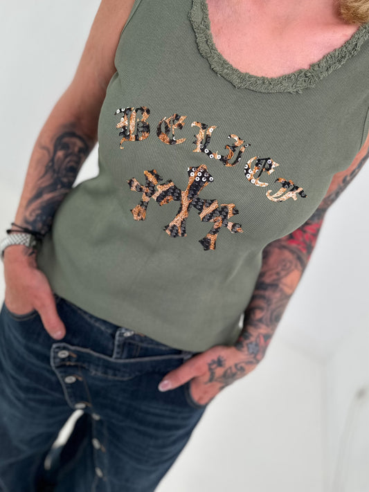 Ripp Tank Top mit Print  - oliv