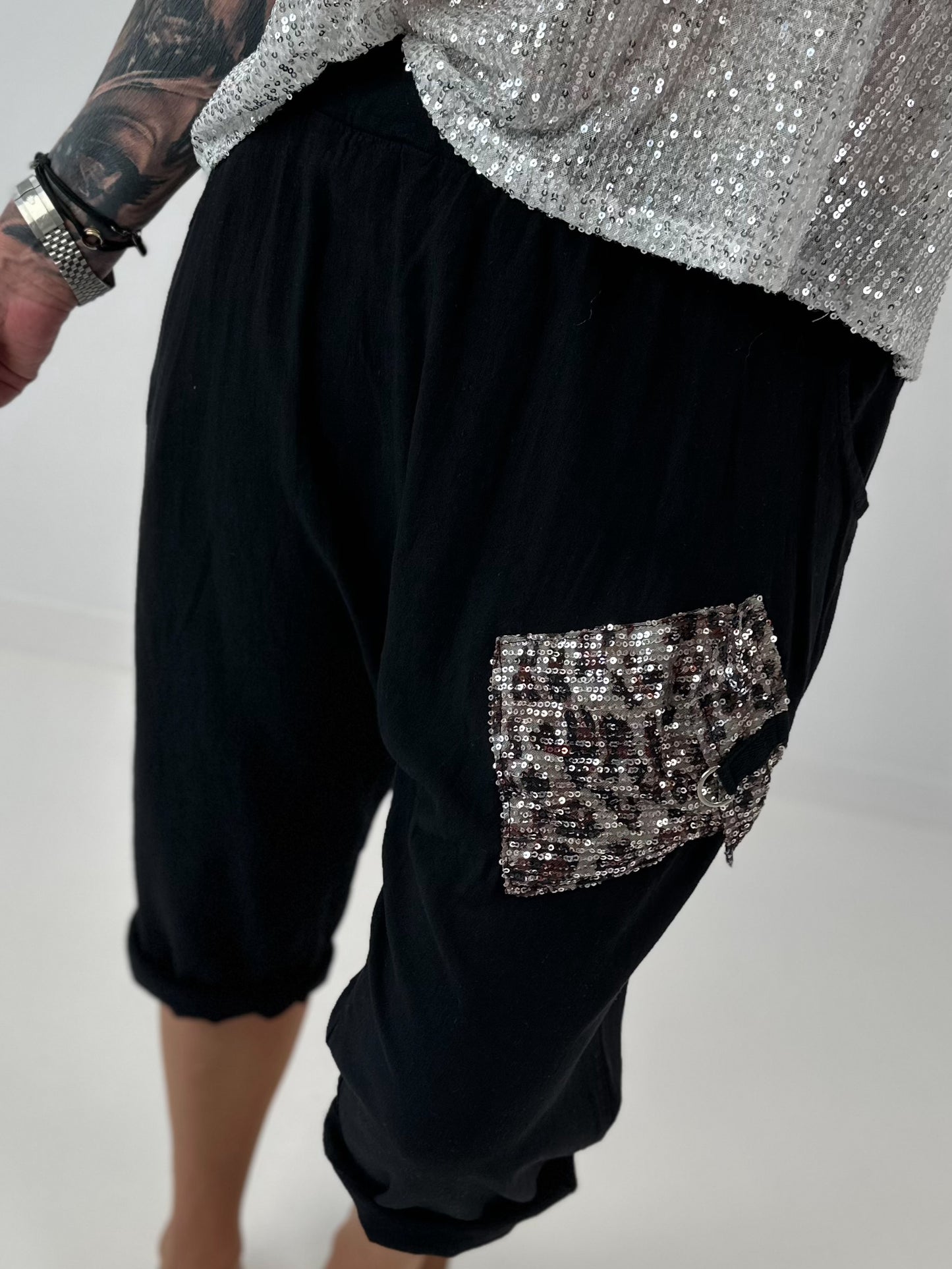Short linen baggy dress with overlay and sequin details - khaki