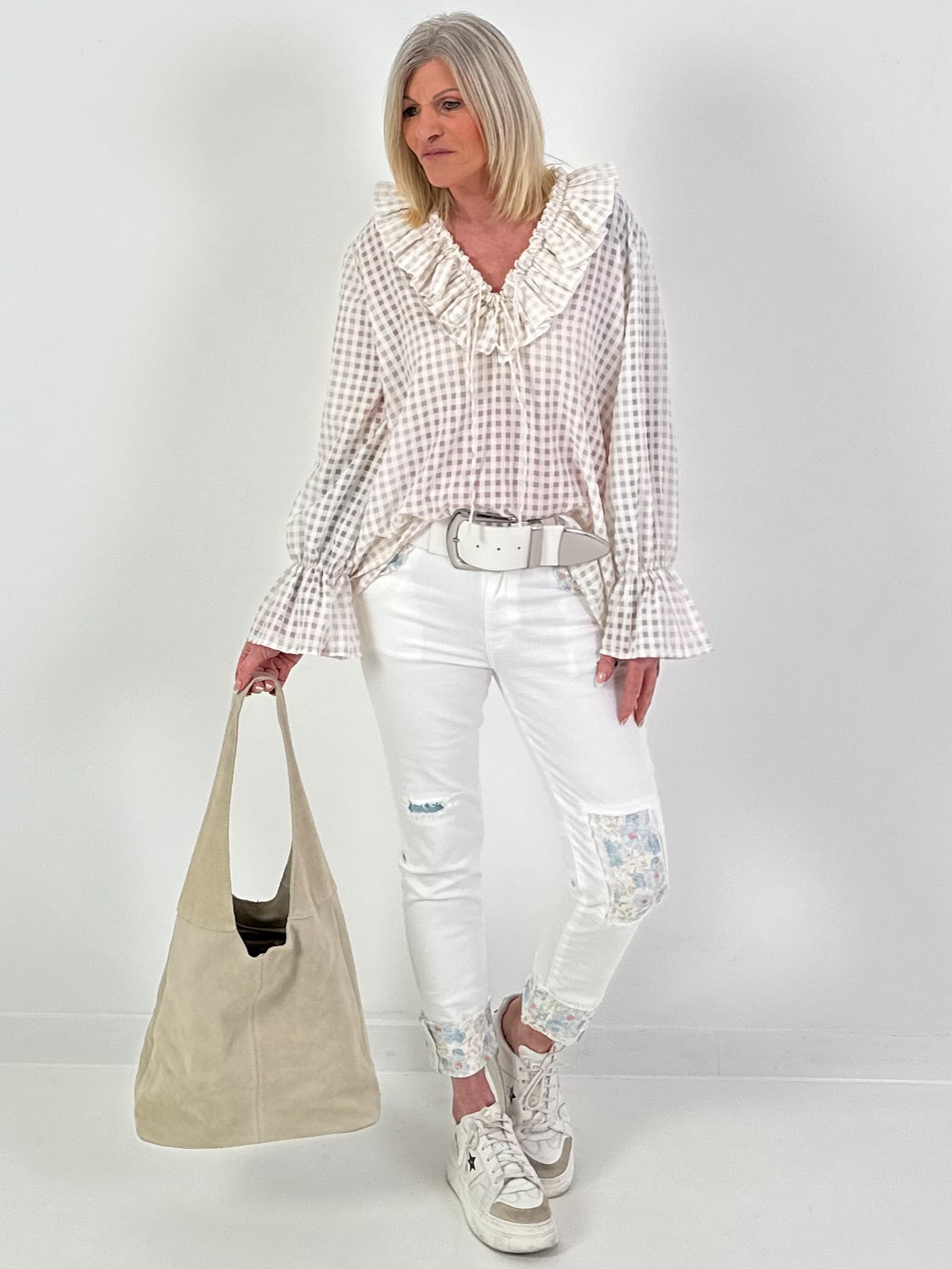 Oversized Tunika mit Vichy Muster - beige-weiss