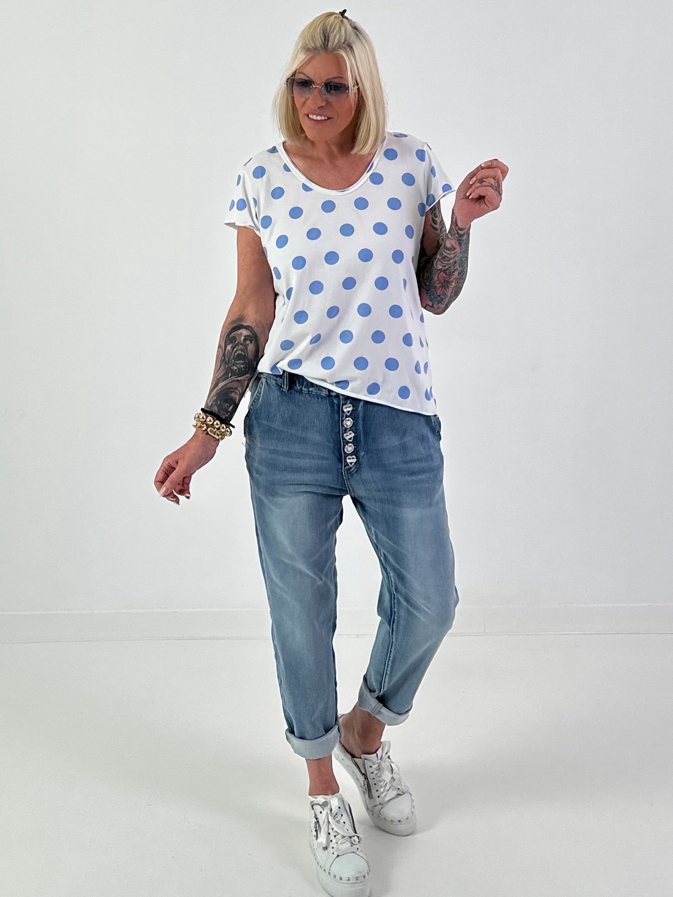 Polka dot t-shirt - white-light blue