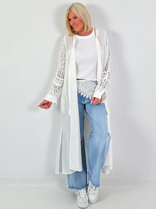 Leinen Mantel mit Häkeleinsätzen - weiss