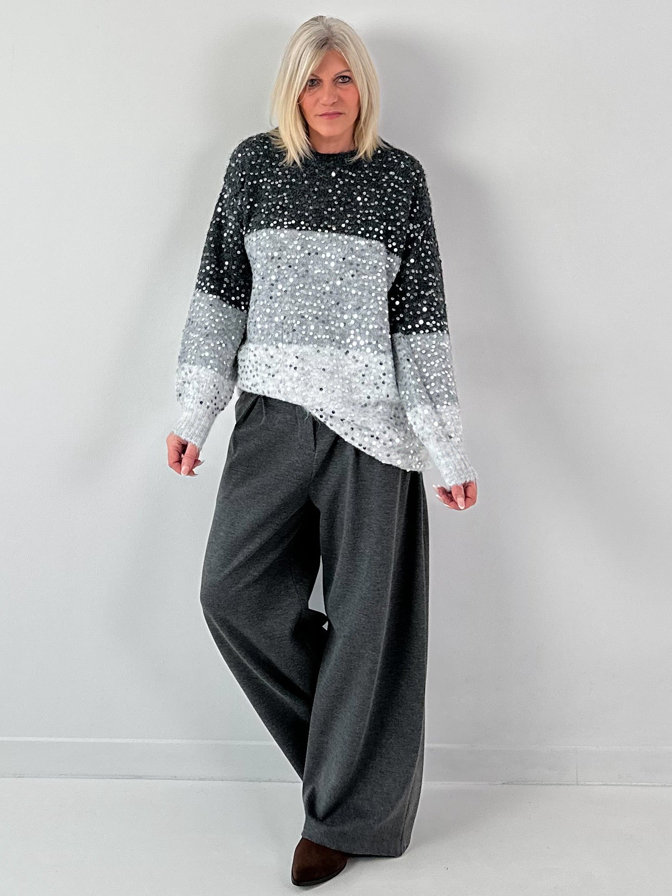 Long pullover model "Block Spark" - grey-multicoloured