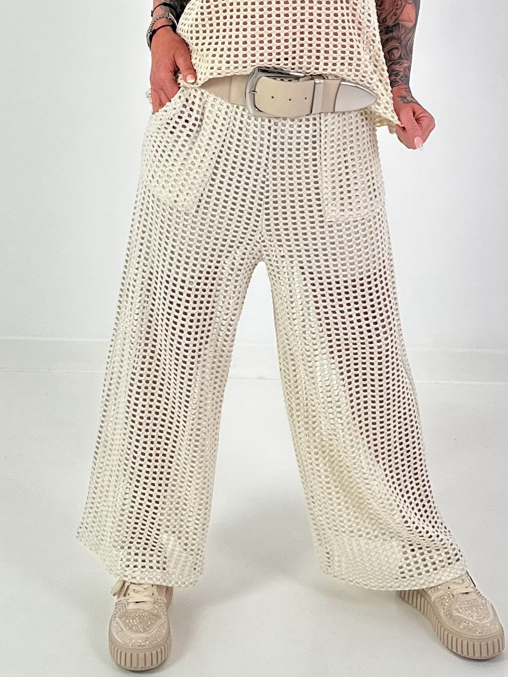 Crochet trousers with lurex - beige