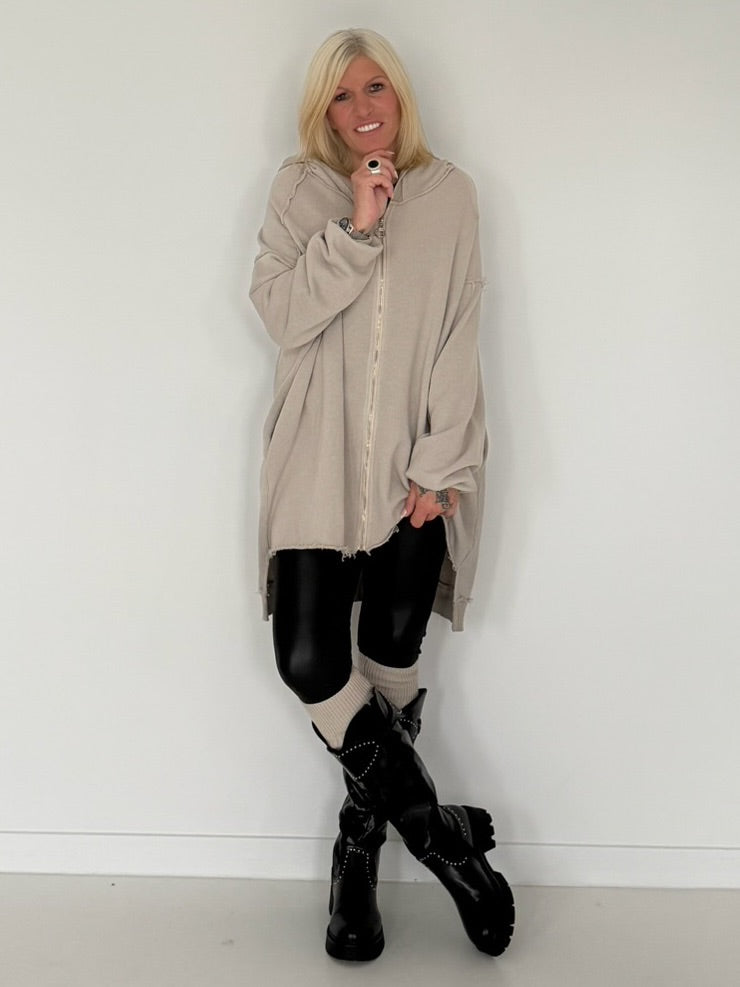 Oversized Long-Sweatjacke im Used-Look - beige