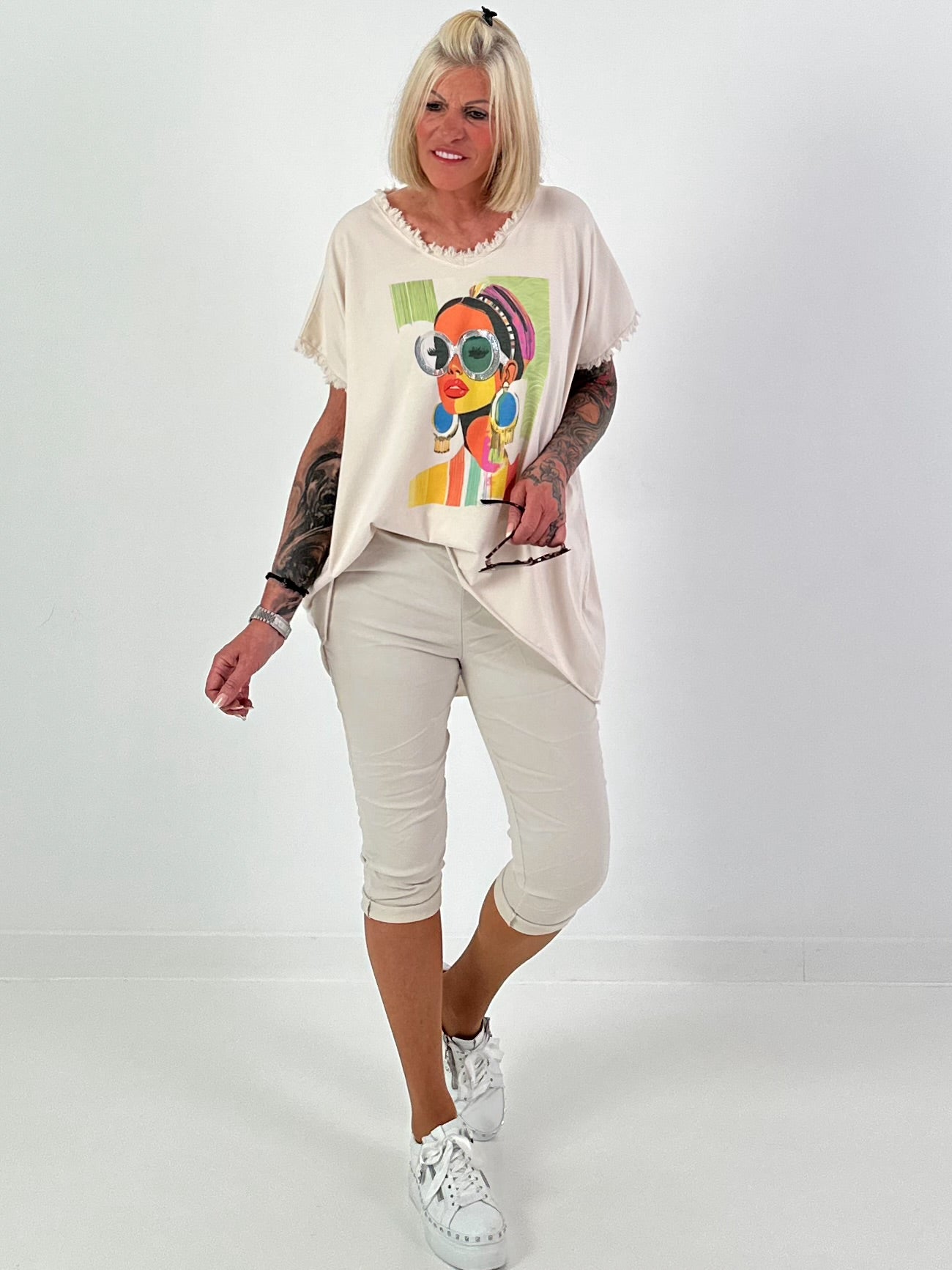 Oversized Shirt with Front Print - beige