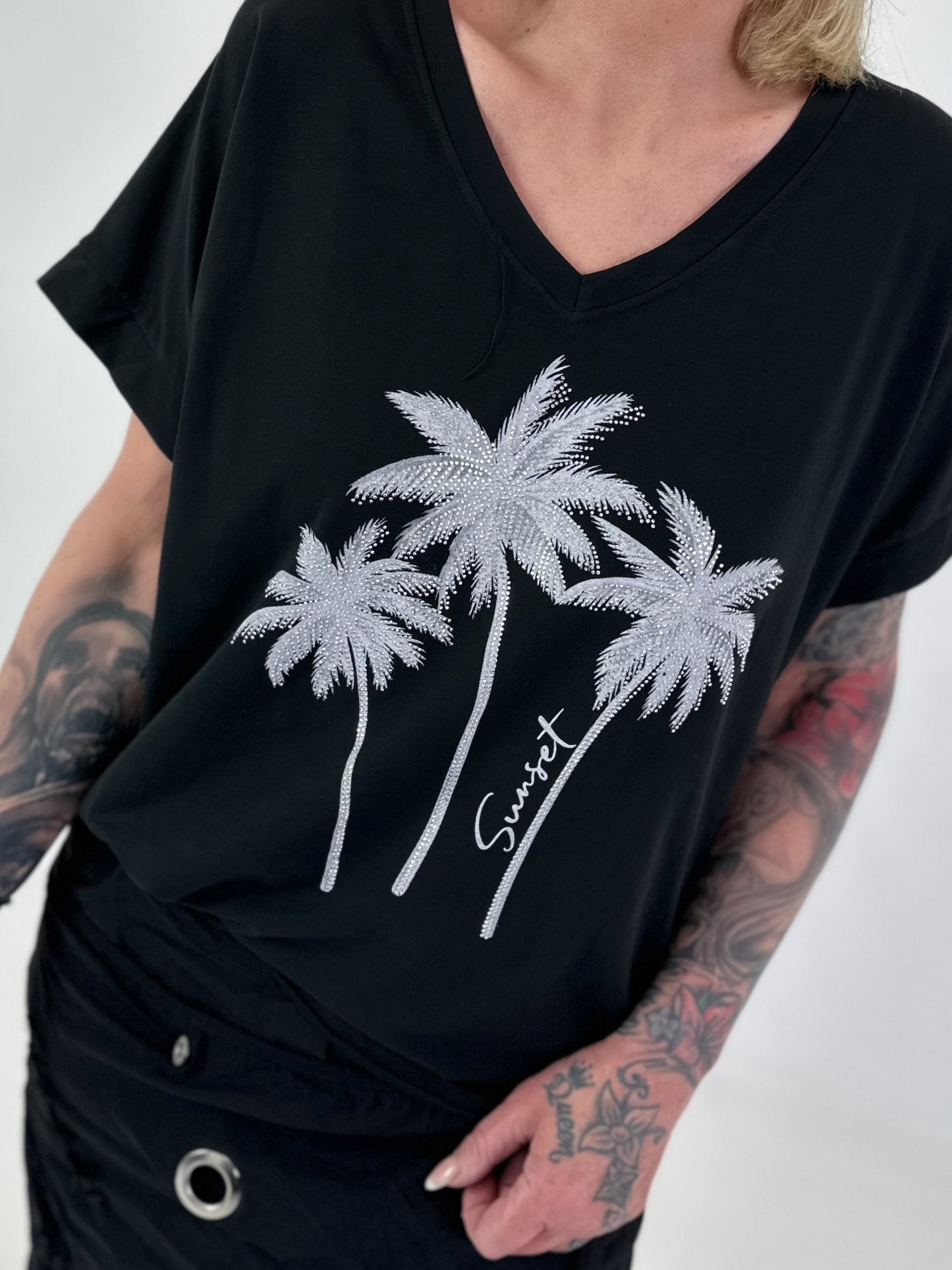T-shirt with glitter palm trees - black