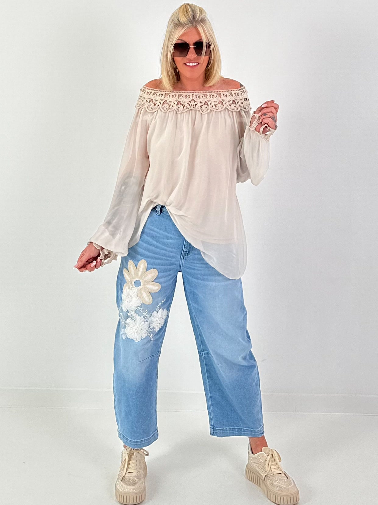 Silk tunic with crocheted neckline - beige