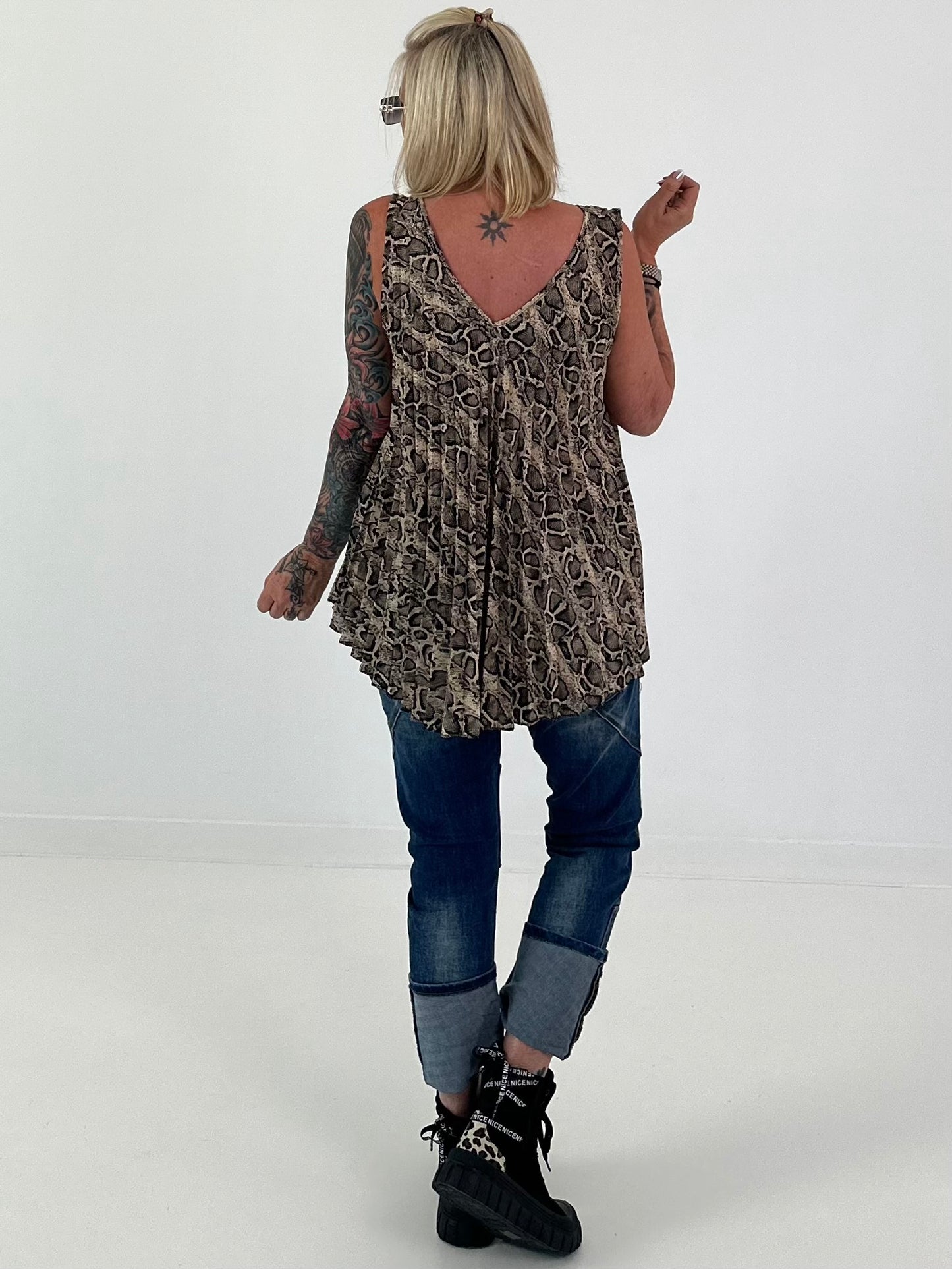 Plissee Long Top mit Animal-Print - beige-mehrfarbig