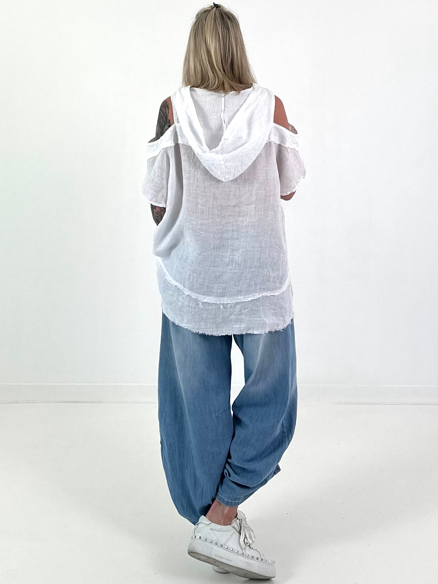 Linen Shirt with Off-Shoulder Cut-Outs - White