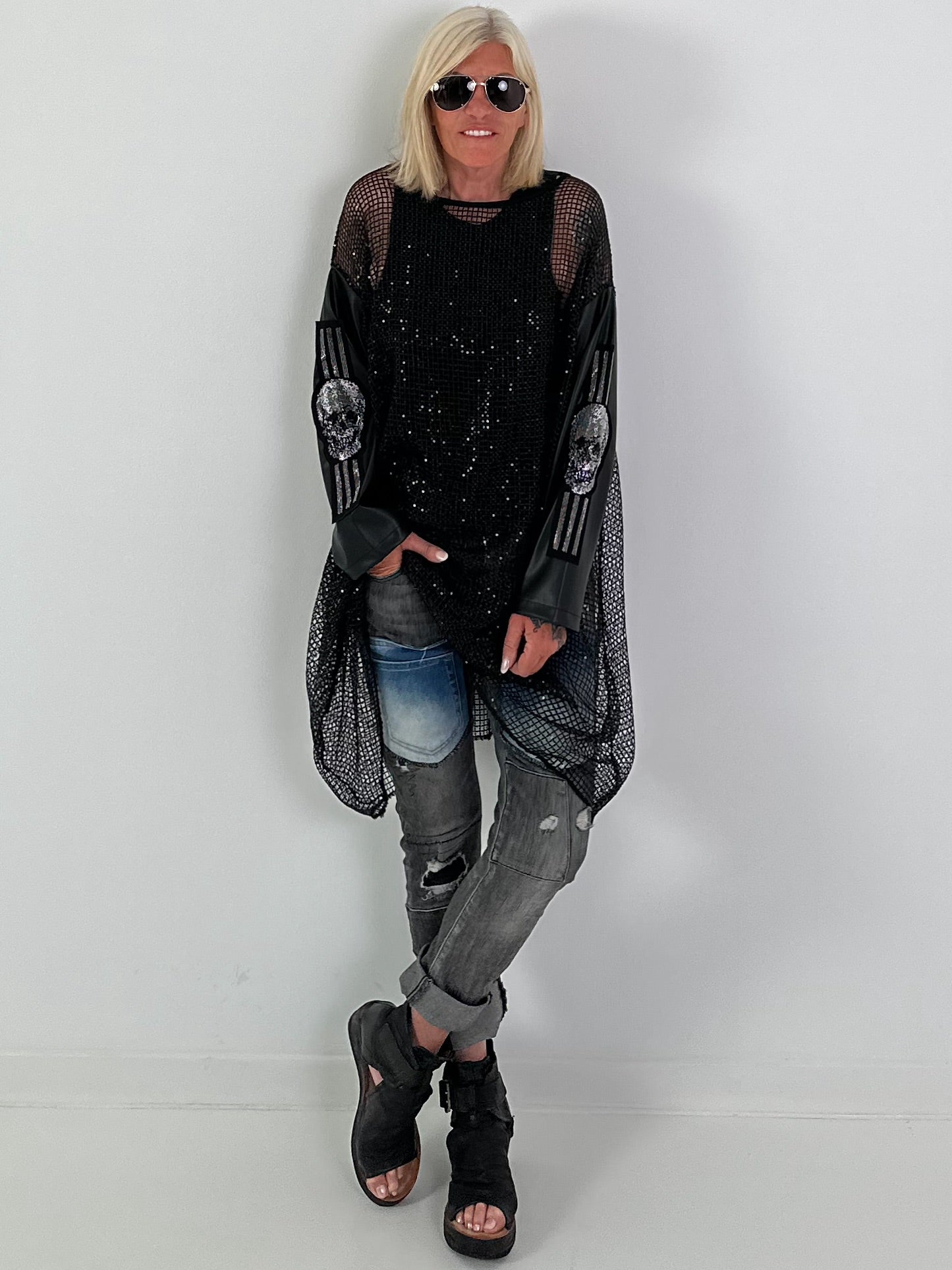 Stylish Long Mesh Shirt with Skull Details - black