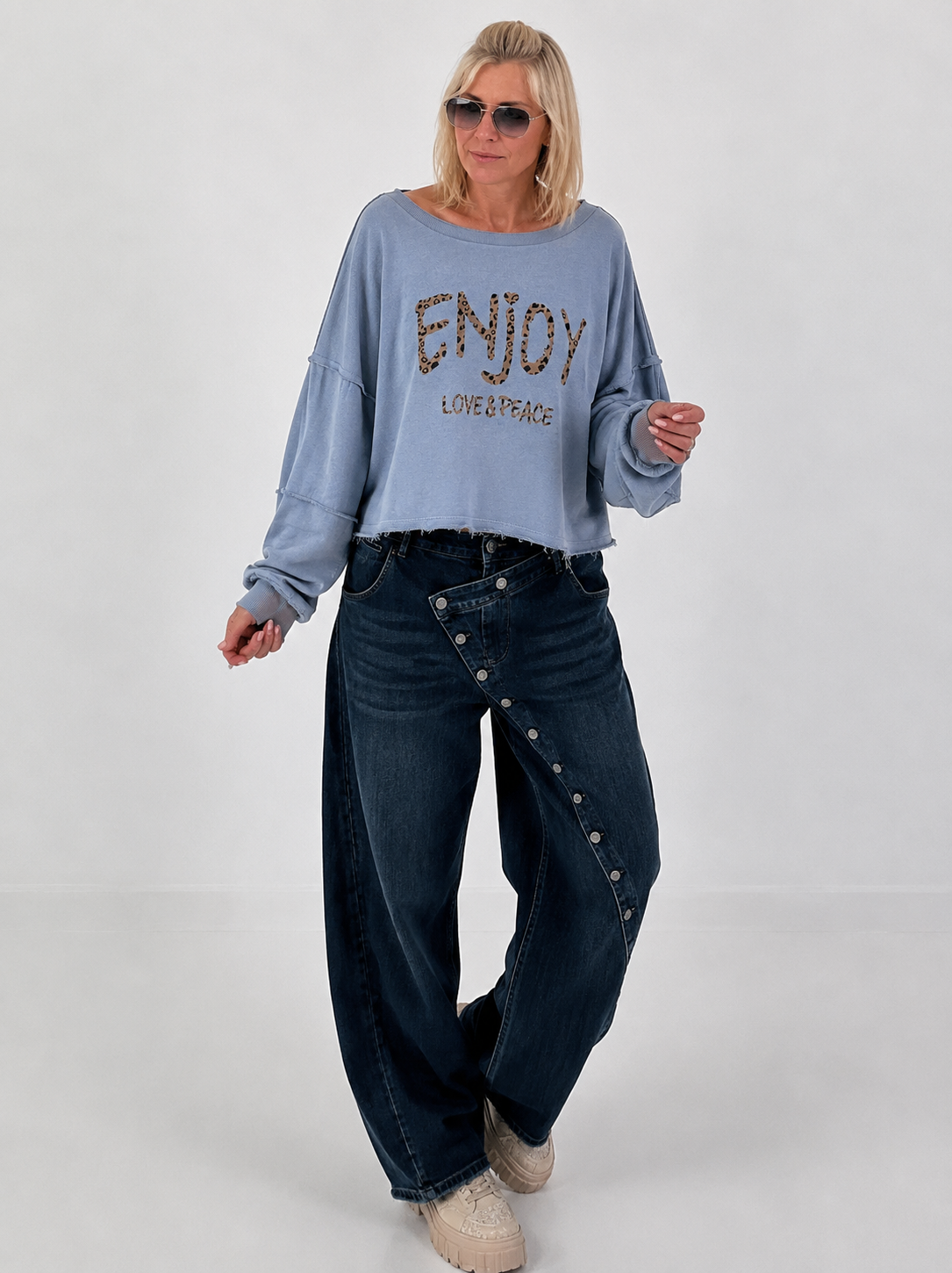 Sweater mit Linksnähten und Print - jeansblau