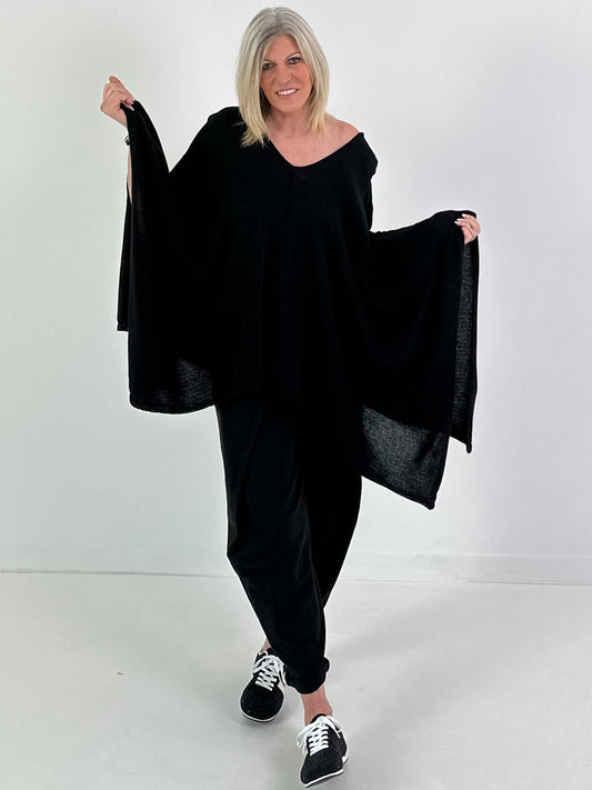 Oversized Sommerstrick Poncho - schwarz